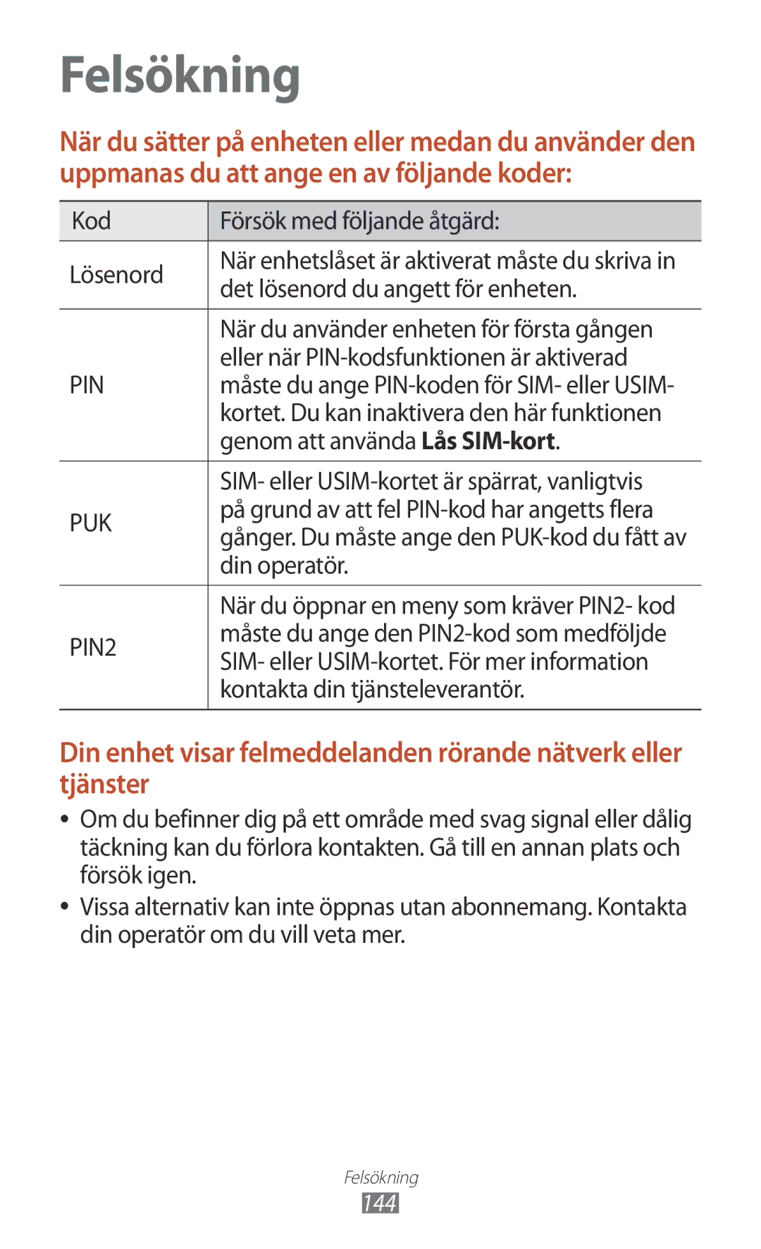 Samsung GT-I8160ZWANEE manual Kod Försök med följande åtgärd Lösenord, Det lösenord du angett för enheten, Din operatör 