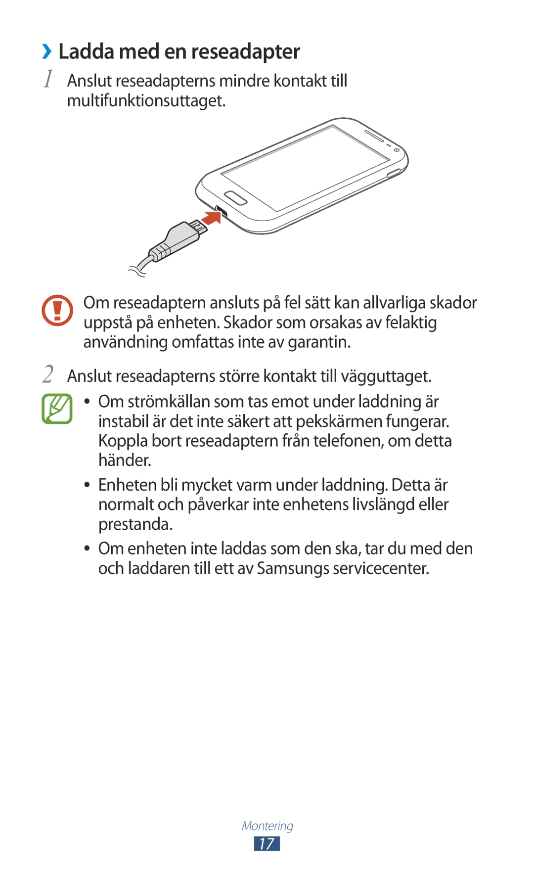 Samsung GT-I8160OKANEE, GT-I8160ZWANEE manual ››Ladda med en reseadapter 