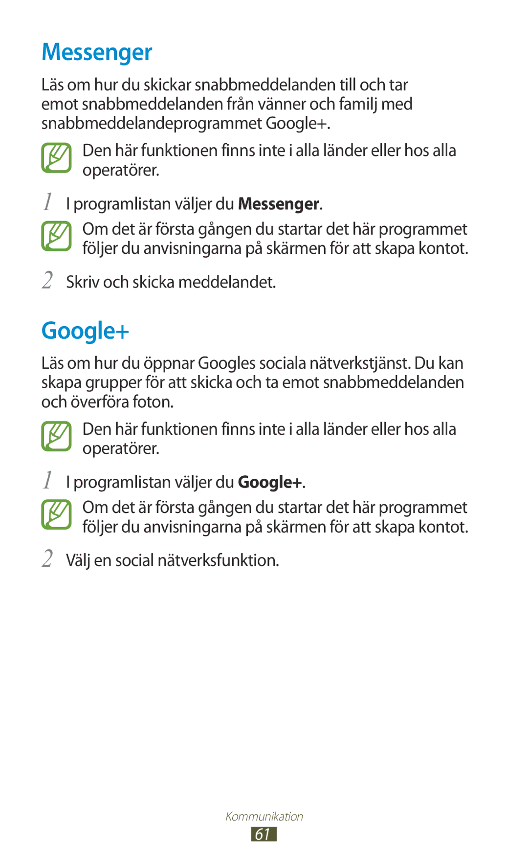 Samsung GT-I8160OKANEE, GT-I8160ZWANEE manual Messenger, Google+, Välj en social nätverksfunktion 