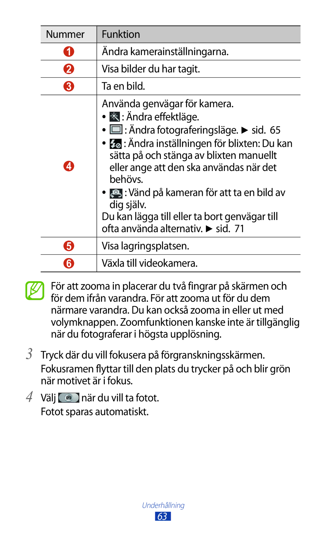 Samsung GT-I8160OKANEE, GT-I8160ZWANEE manual Ändra fotograferingsläge. sid, Visa lagringsplatsen Växla till videokamera 