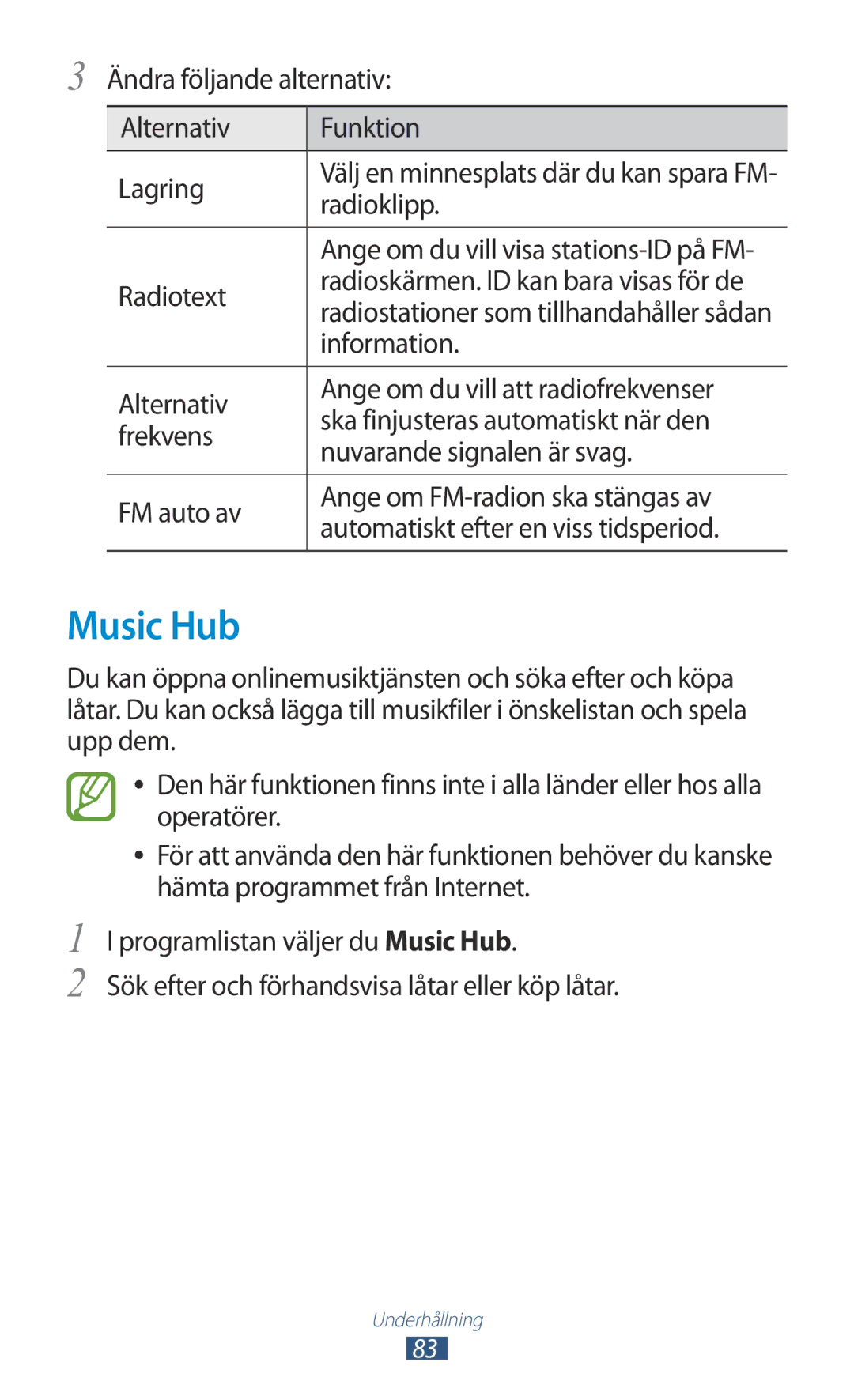 Samsung GT-I8160OKANEE manual Music Hub, Ändra följande alternativ Alternativ Funktion Lagring, Radioklipp, Radiotext 