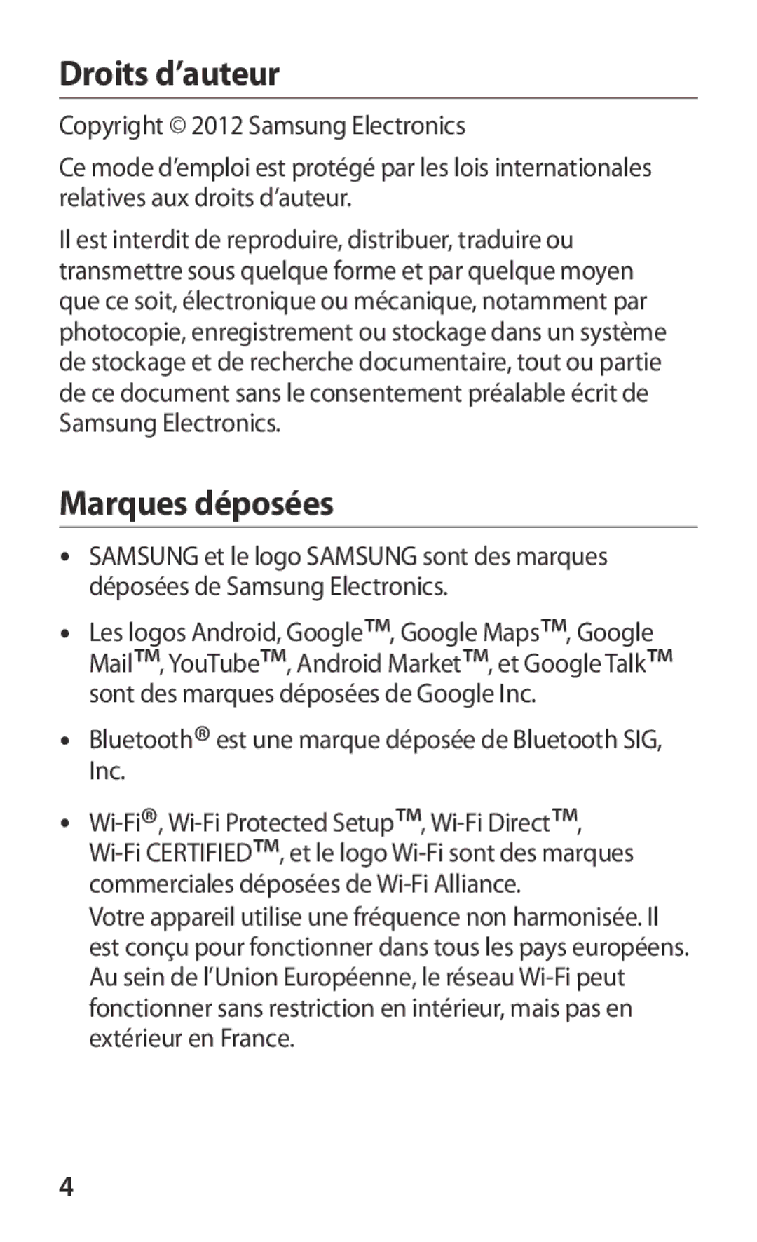 Samsung GT-I8160ZWAXEF, GT-I8160OKAXEF manual Droits d’auteur, Marques déposées 