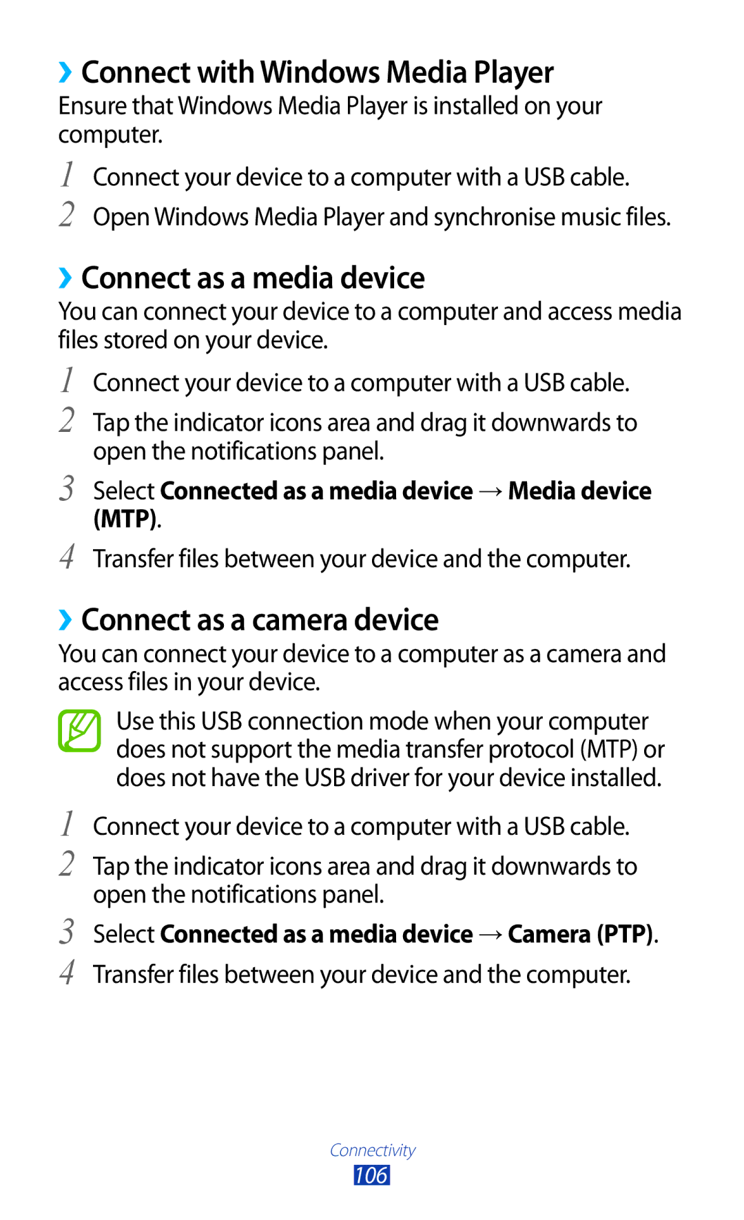 Samsung GT-I8160OKPEPL ››Connect with Windows Media Player, ››Connect as a media device, ››Connect as a camera device 