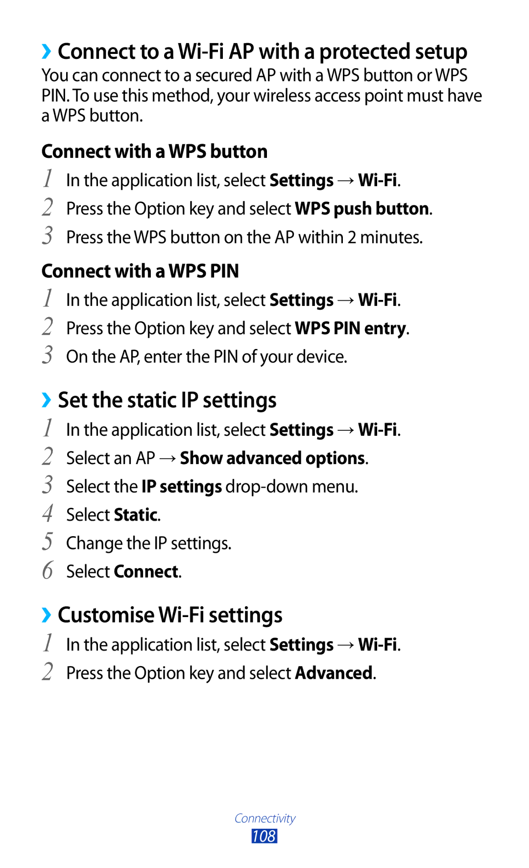 Samsung GT-I8160OKPVIA ››Set the static IP settings, ››Customise Wi-Fi settings, Application list, select Settings → Wi-Fi 