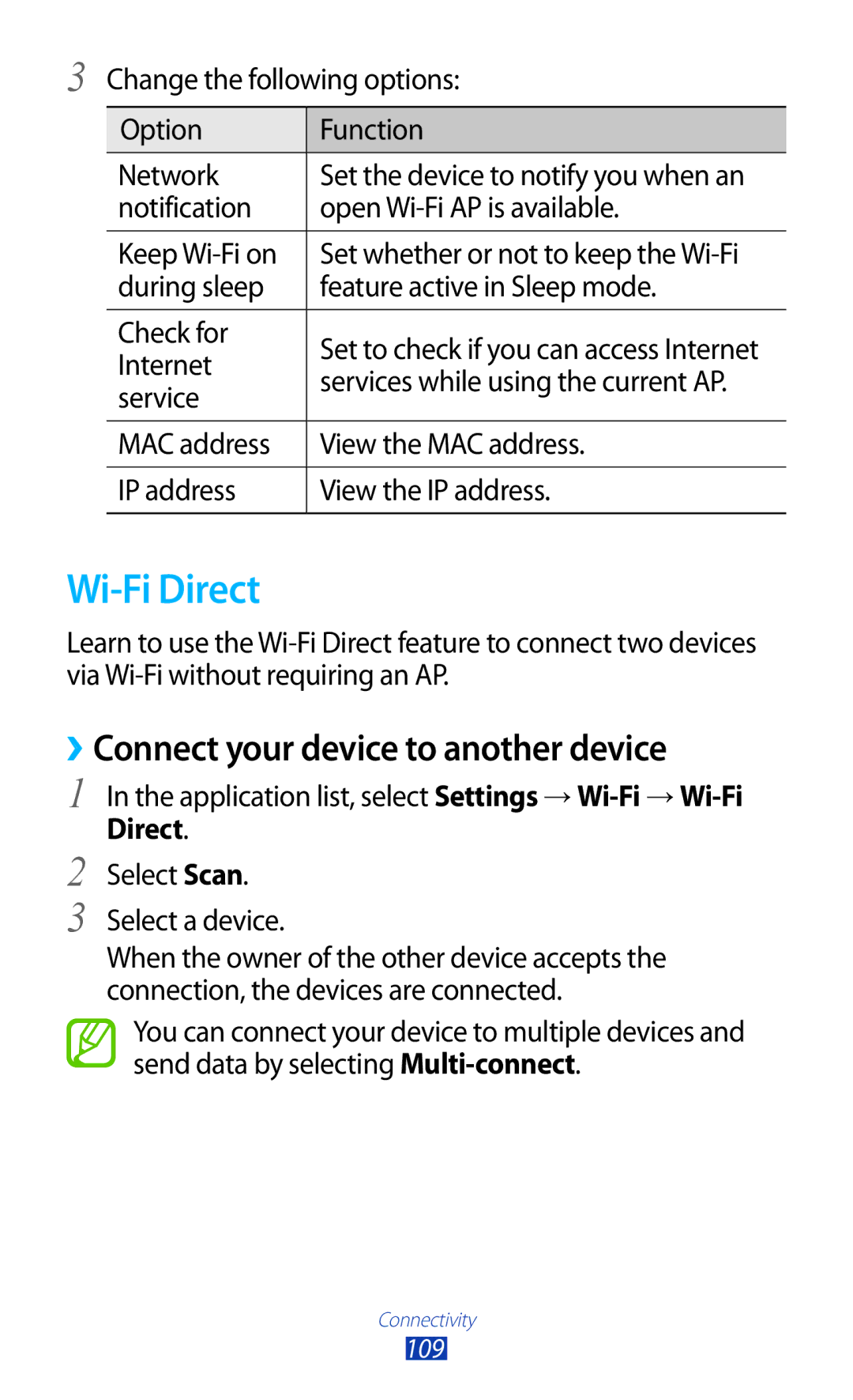 Samsung GT-I8160ZWPVIA, GT-I8160ZWPDBT, GT-I8160OKPEPL, GT-I8160OKPDBT Wi-Fi Direct, ››Connect your device to another device 