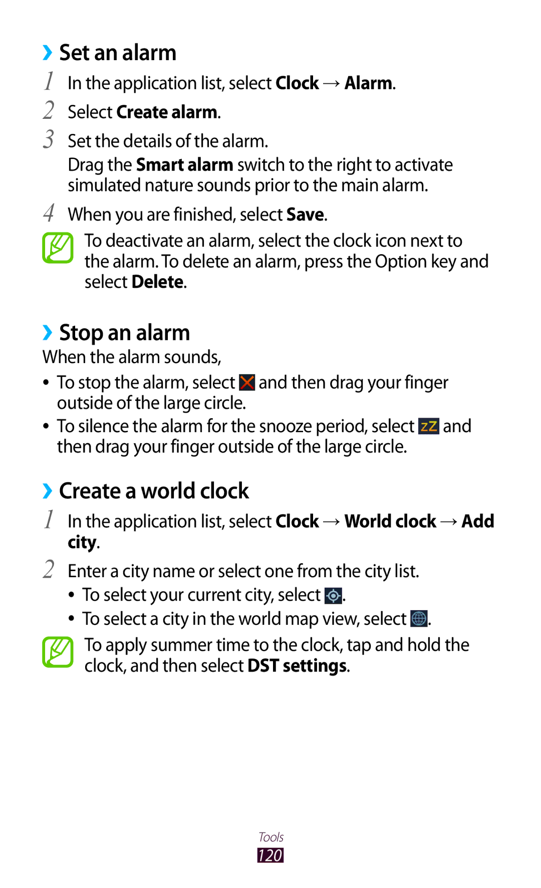 Samsung GT2I8160ZWPXEZ, GT-I8160ZWPDBT ››Set an alarm, ››Stop an alarm, ››Create a world clock, Select Create alarm, City 