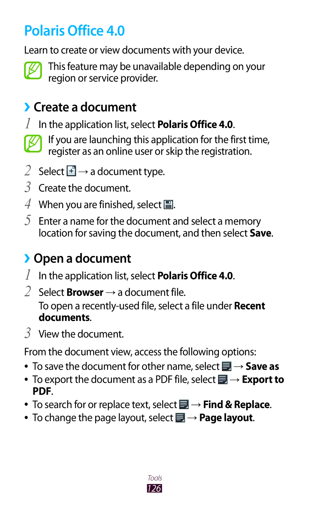 Samsung GT-I8160ZWPDBT manual Polaris Office, ››Create a document, ››Open a document, → Find & Replace, → Page layout 