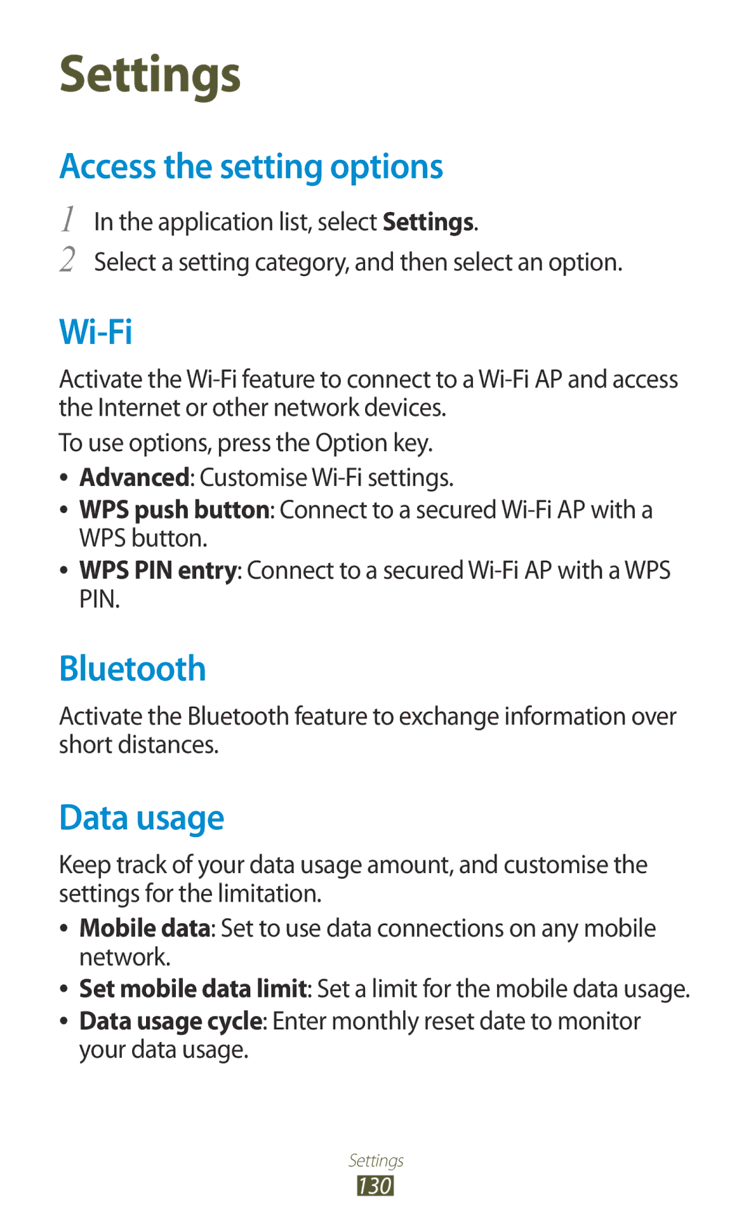 Samsung GT-I8160ZWPVIA, GT-I8160ZWPDBT, GT-I8160OKPEPL, GT-I8160OKPDBT, GT-I8160OKPVIA Access the setting options, Data usage 