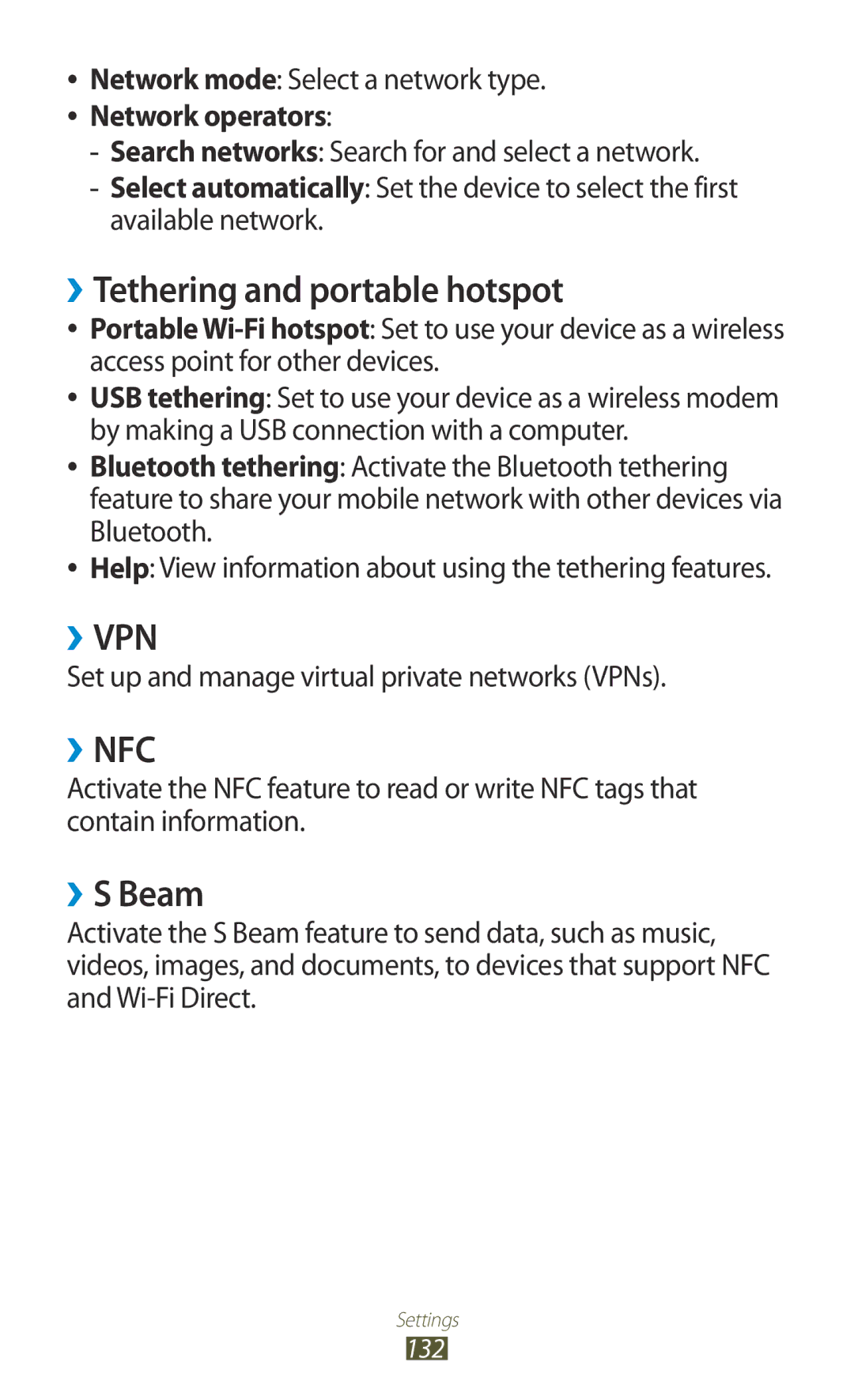 Samsung GT-I8160OKPXEF ››Tethering and portable hotspot, ››S Beam, Network mode Select a network type, Network operators 