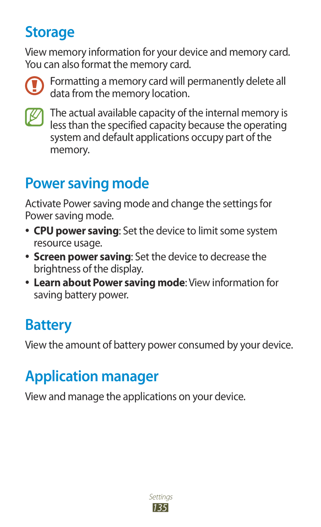 Samsung GT-I8160ZWPAMN, GT-I8160ZWPDBT, GT-I8160OKPEPL manual Storage, Power saving mode, Battery, Application manager 