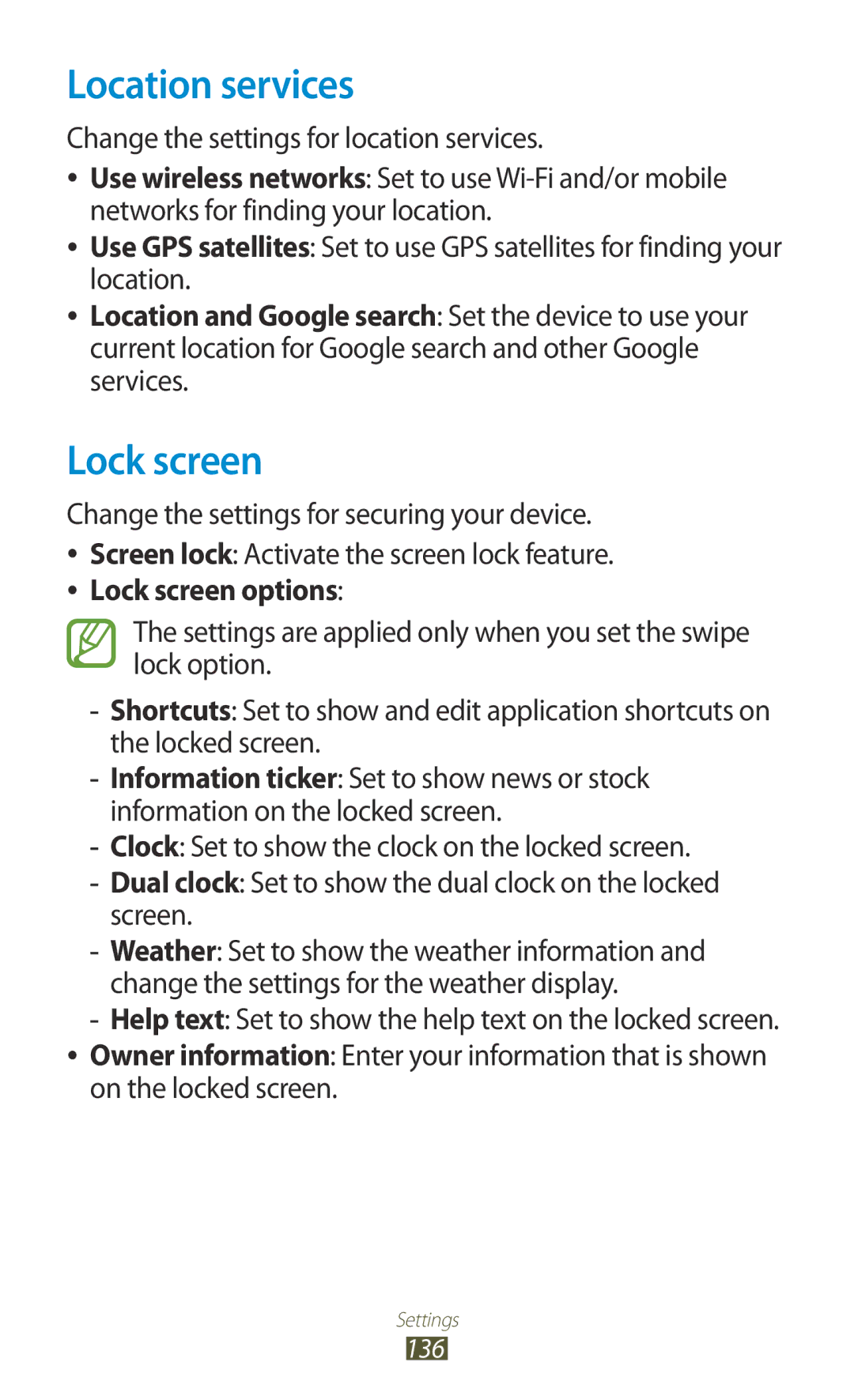 Samsung GT-I8160OKPXEC Location services, Lock screen, Change the settings for location services, On the locked screen 