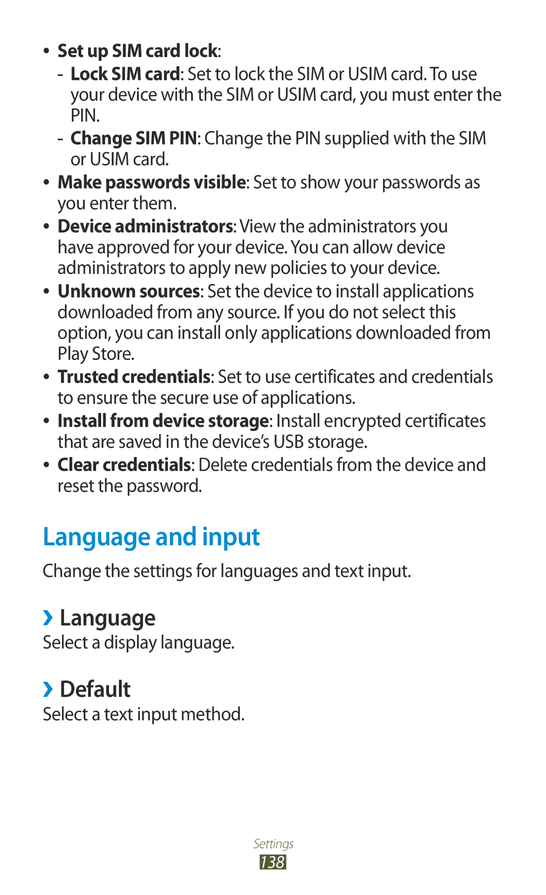 Samsung GT-I8160OKPPHE, GT-I8160ZWPDBT, GT-I8160OKPEPL manual Language and input, ››Language, ››Default, Set up SIM card lock 