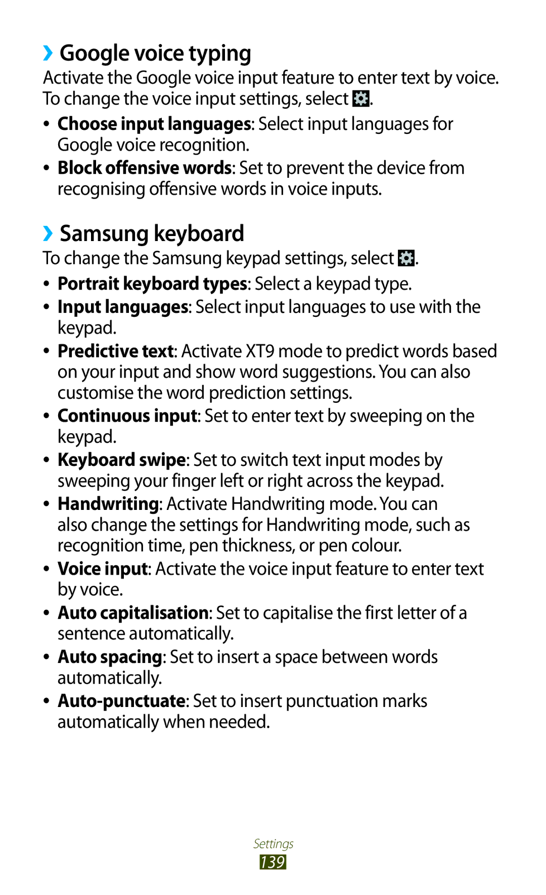 Samsung GT-I8160OKPAMN manual ››Google voice typing, ››Samsung keyboard, To change the Samsung keypad settings, select 