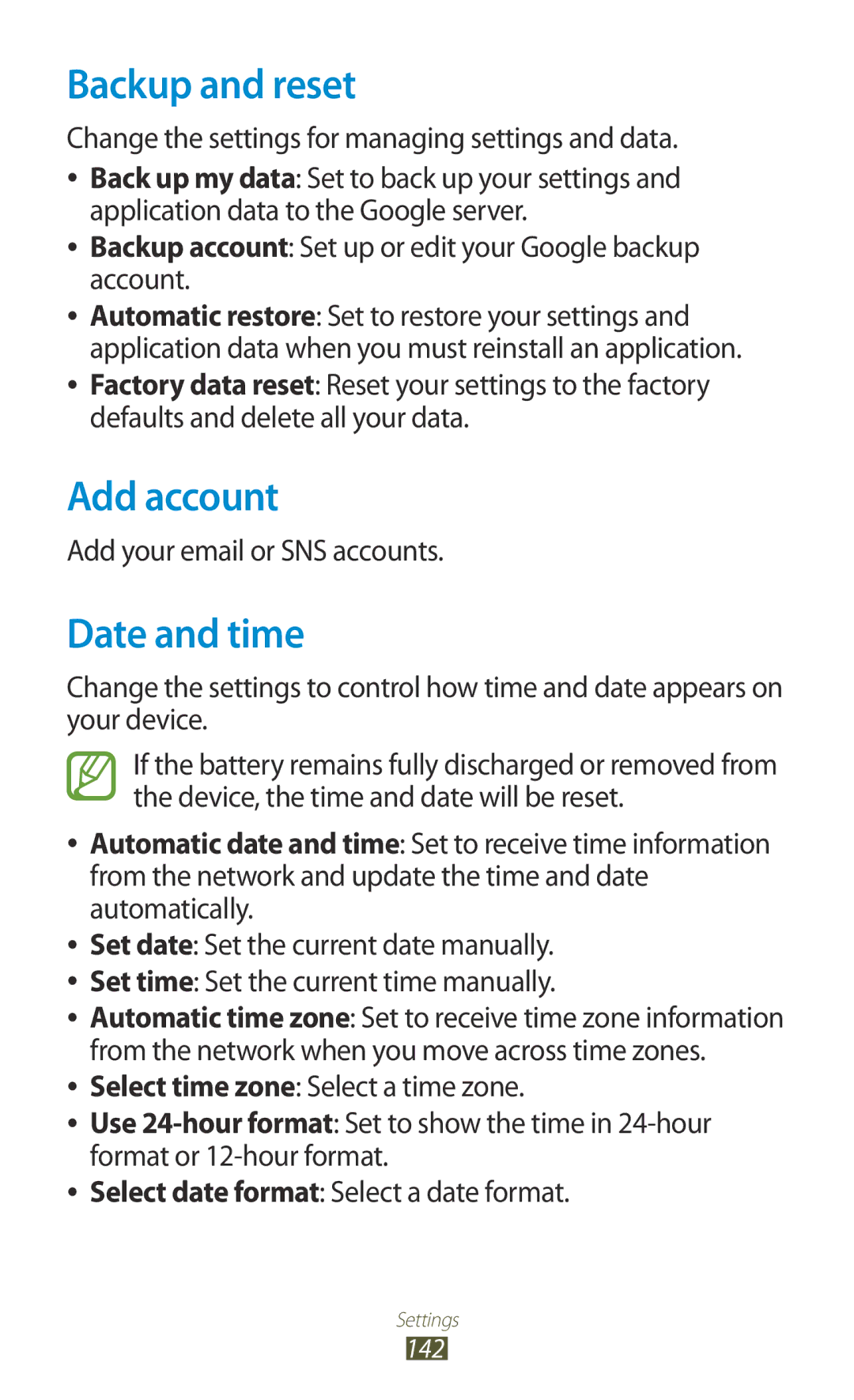 Samsung GT2I8160ZWPO2C, GT-I8160ZWPDBT, GT-I8160OKPEPL, GT-I8160OKPDBT manual Backup and reset, Add account, Date and time 