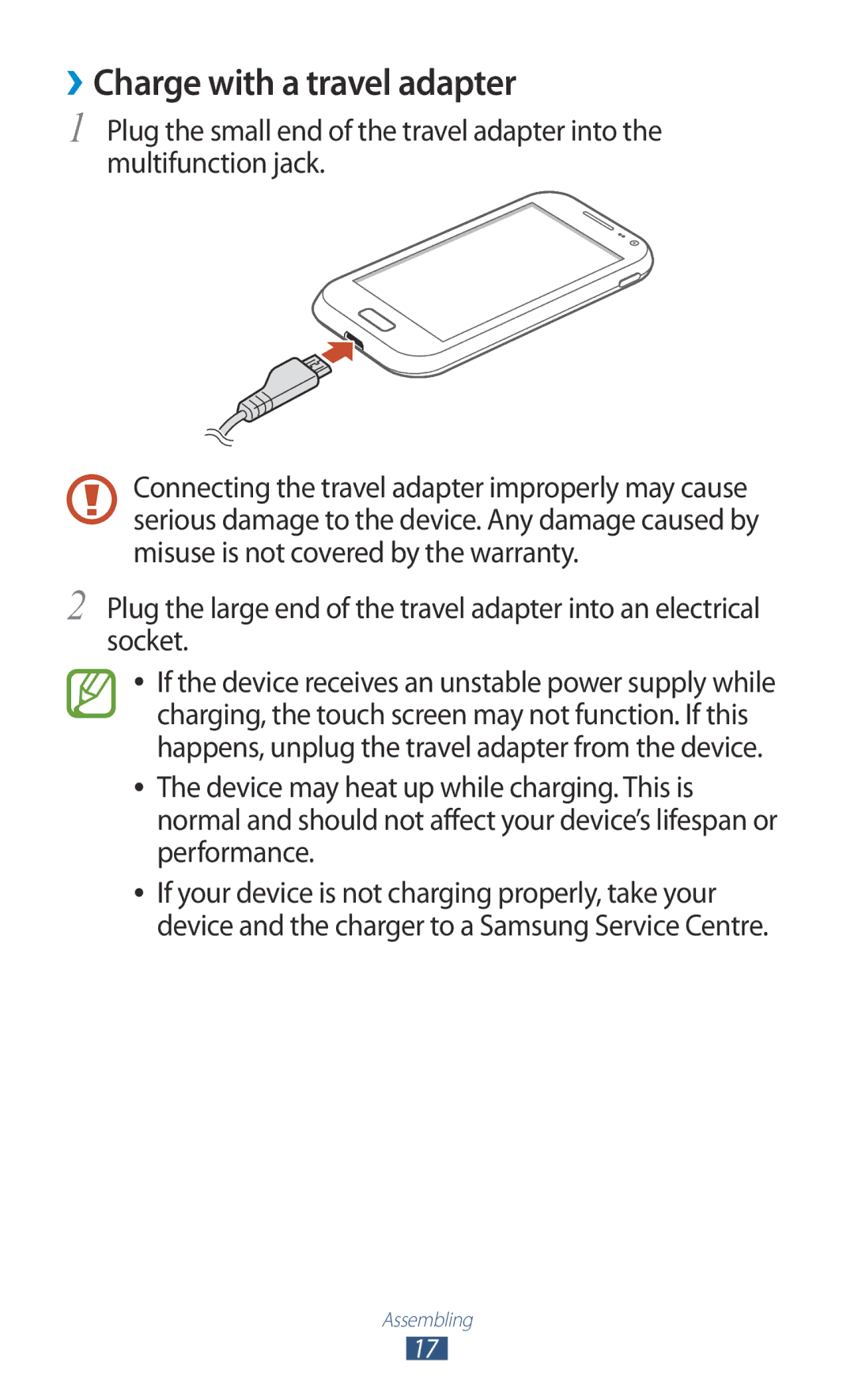 Samsung GT-I8160OKPXEZ, GT-I8160ZWPDBT, GT-I8160OKPEPL, GT-I8160OKPDBT, GT-I8160OKPVIA manual ››Charge with a travel adapter 