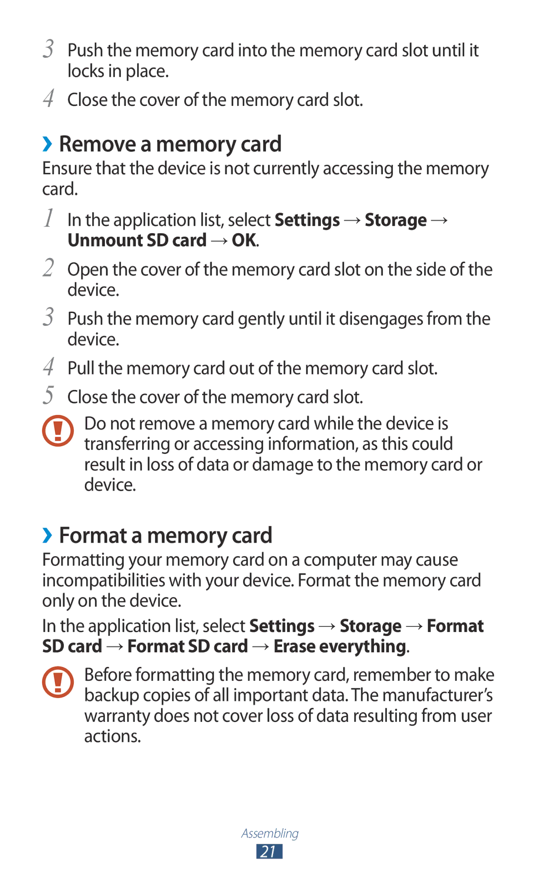 Samsung GT-I8160ZWPDBT, GT-I8160OKPEPL, GT-I8160OKPDBT ››Remove a memory card, ››Format a memory card, Unmount SD card → OK 