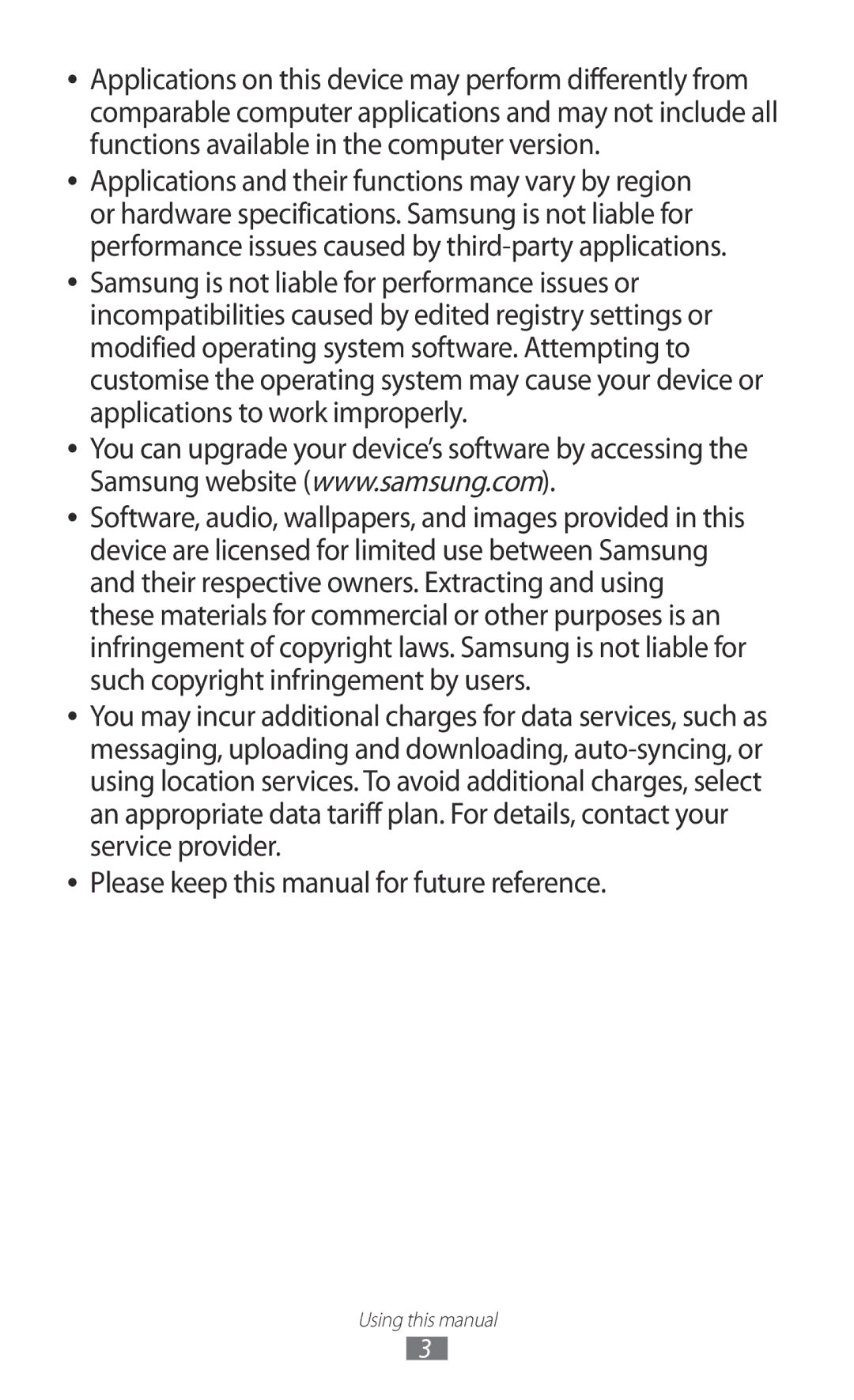 Samsung GT-I8160OKPVIA, GT-I8160ZWPDBT, GT-I8160OKPEPL, GT-I8160OKPDBT, GT-I8160ZWPVIA, GT-I8160ZWPEPL Using this manual 