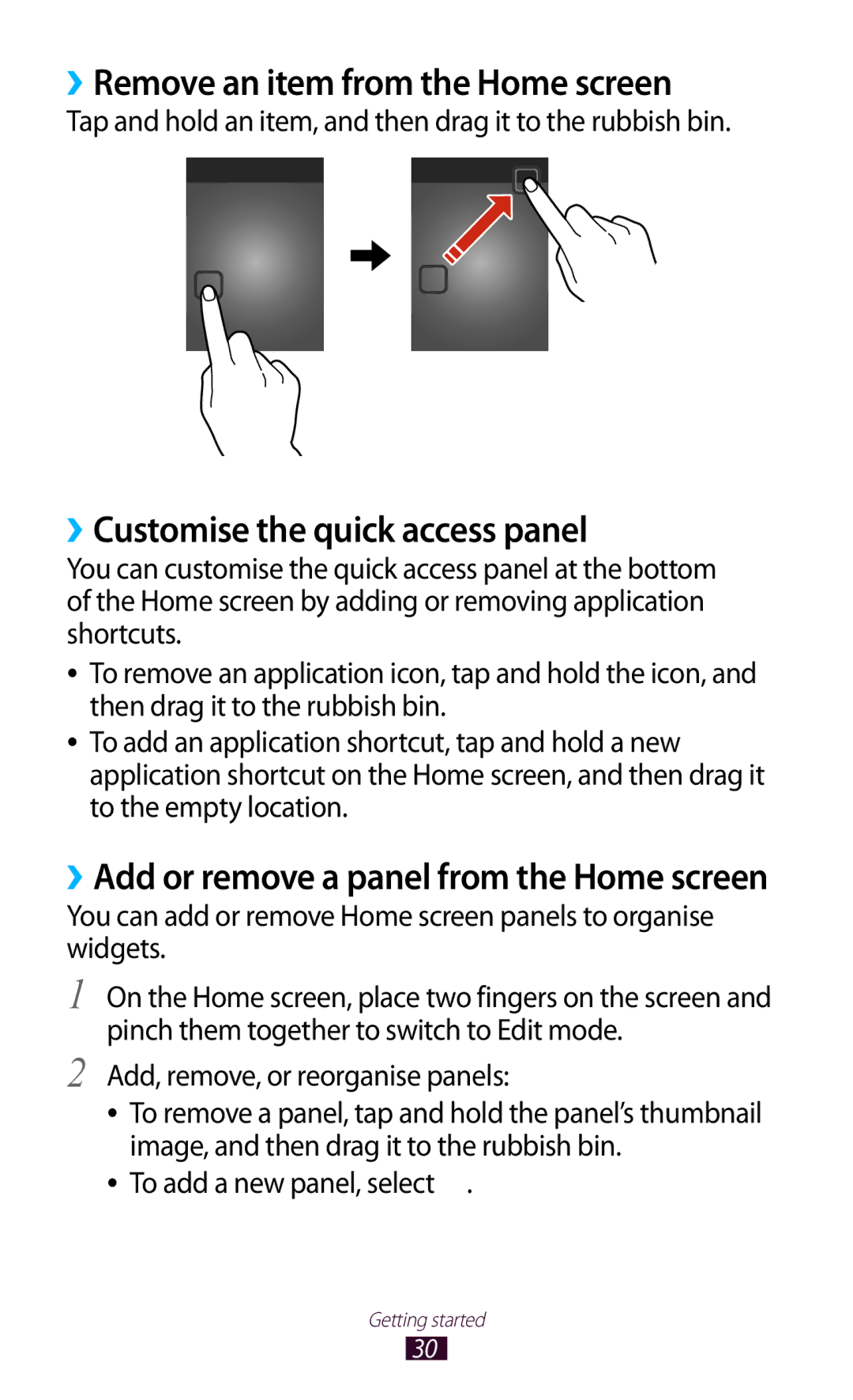 Samsung GT-I8160ZWPAMN, GT-I8160ZWPDBT manual ››Remove an item from the Home screen, ››Customise the quick access panel 