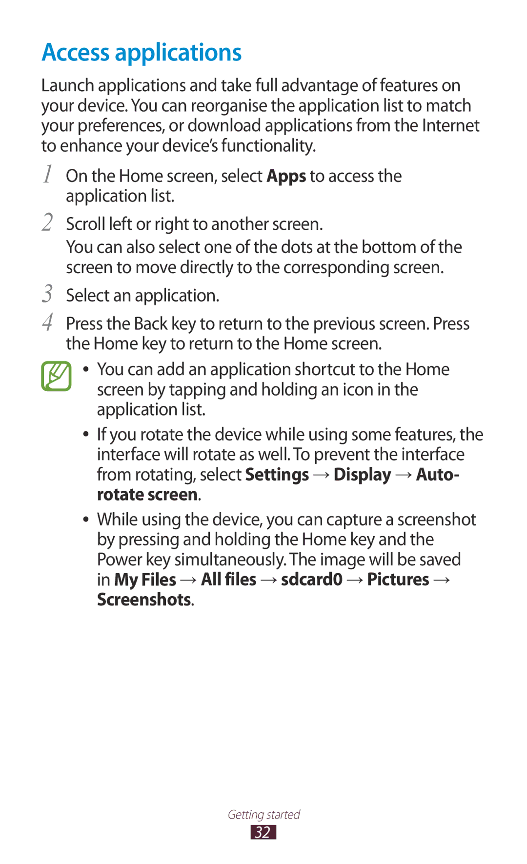 Samsung GT-I8160ZWPXEC, GT-I8160ZWPDBT, GT-I8160OKPEPL manual Access applications, Select an application, Screenshots 