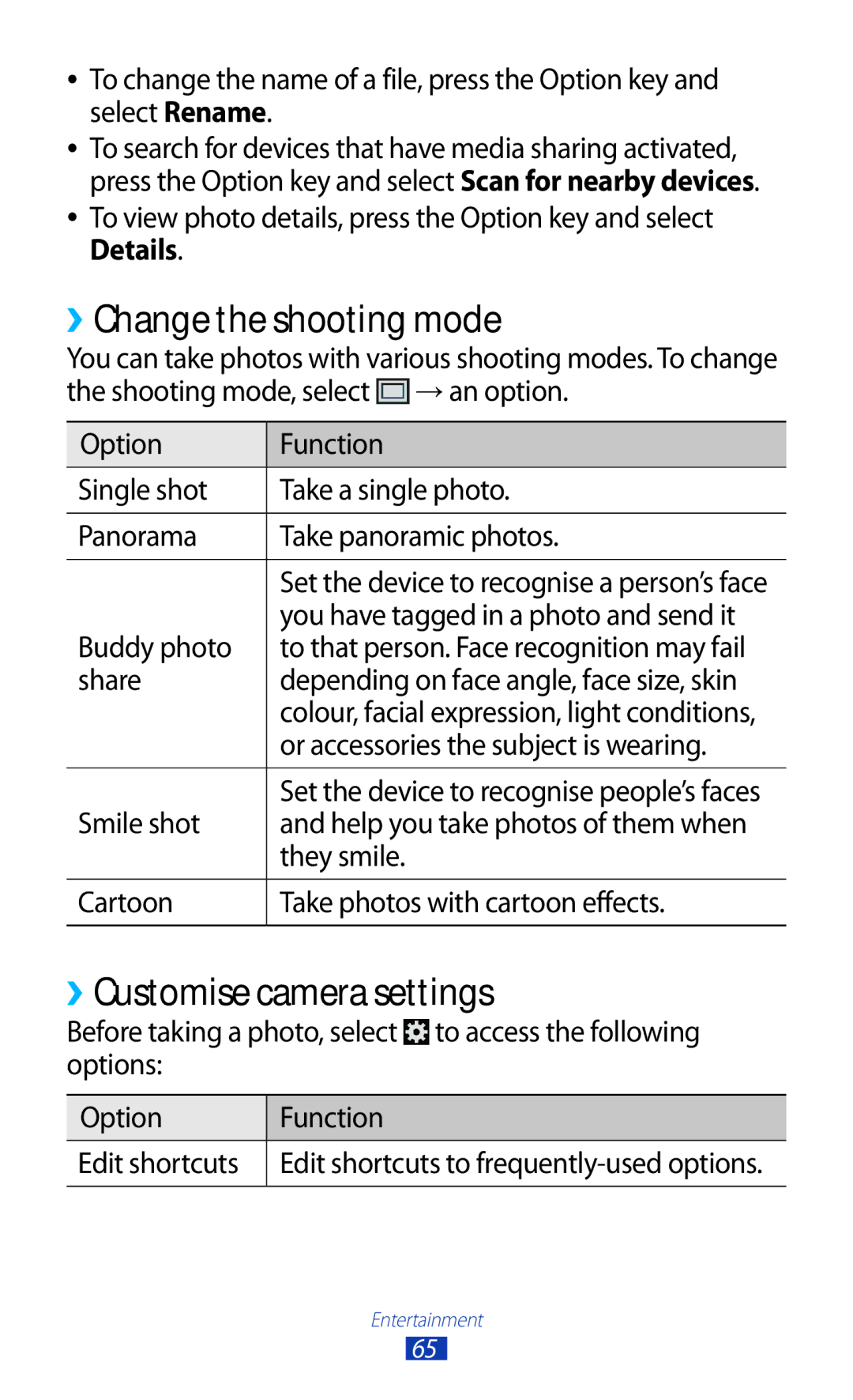 Samsung GT-I8160OKPDBT, GT-I8160ZWPDBT, GT-I8160OKPEPL manual ››Change the shooting mode, ››Customise camera settings, Share 