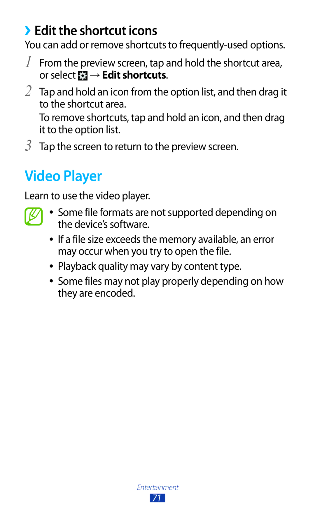 Samsung GT-I8160OKPNRJ, GT-I8160ZWPDBT, GT-I8160OKPEPL, GT-I8160OKPDBT manual Video Player, ››Edit the shortcut icons 