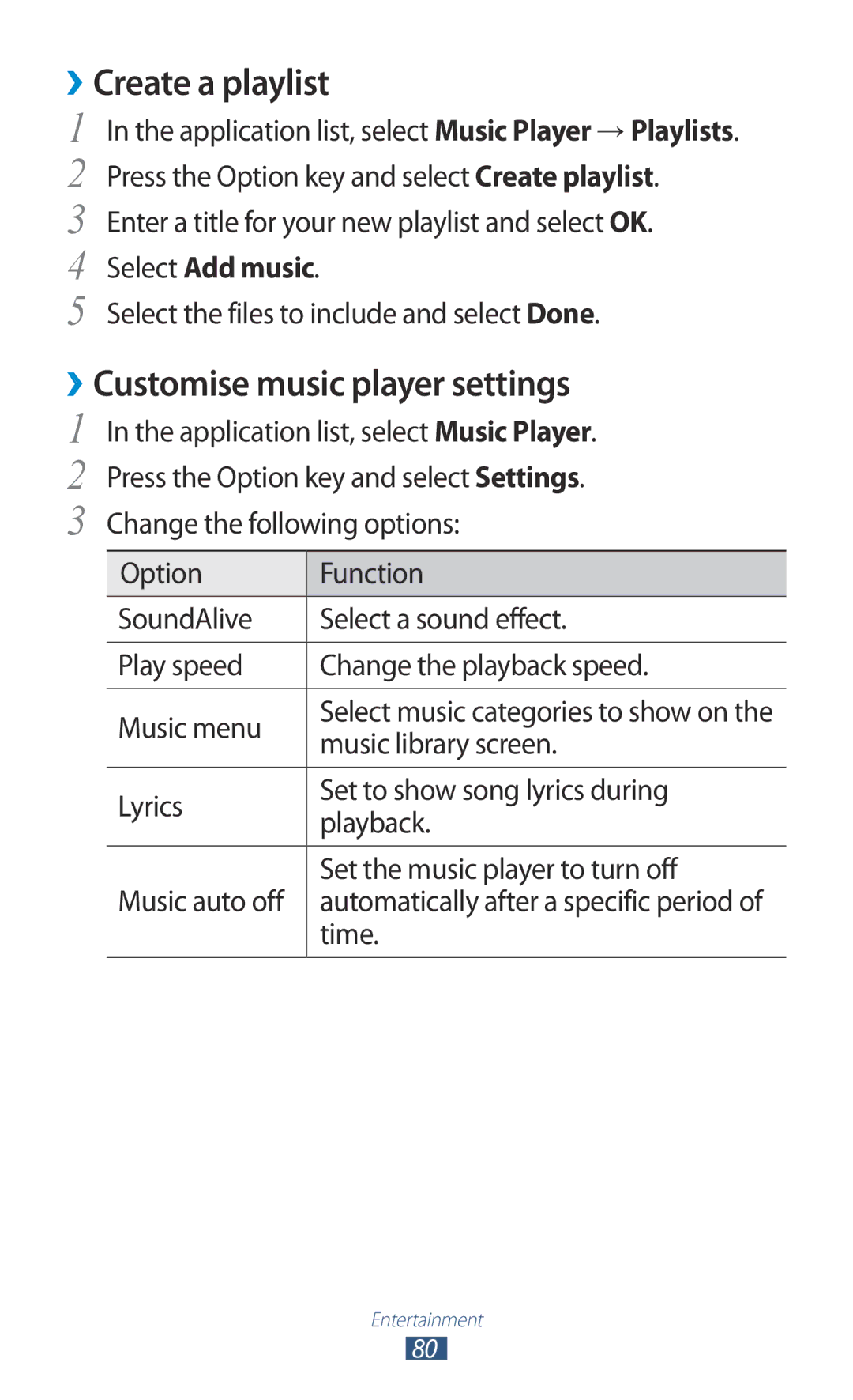 Samsung GT-I8160OKPXEZ, GT-I8160ZWPDBT manual ››Create a playlist, ››Customise music player settings, Select Add music 