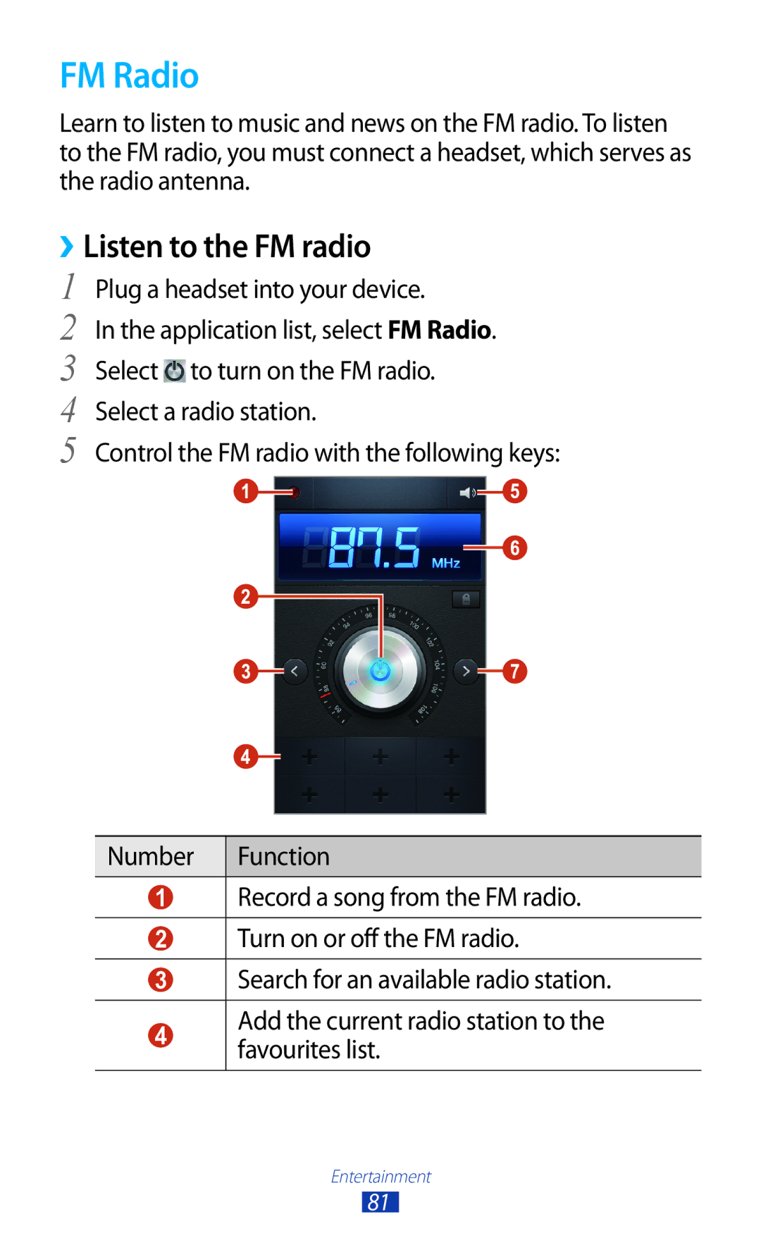 Samsung GT2I8160OKPO2C, GT-I8160ZWPDBT, GT-I8160OKPEPL, GT-I8160OKPDBT, GT-I8160OKPVIA FM Radio, ››Listen to the FM radio 