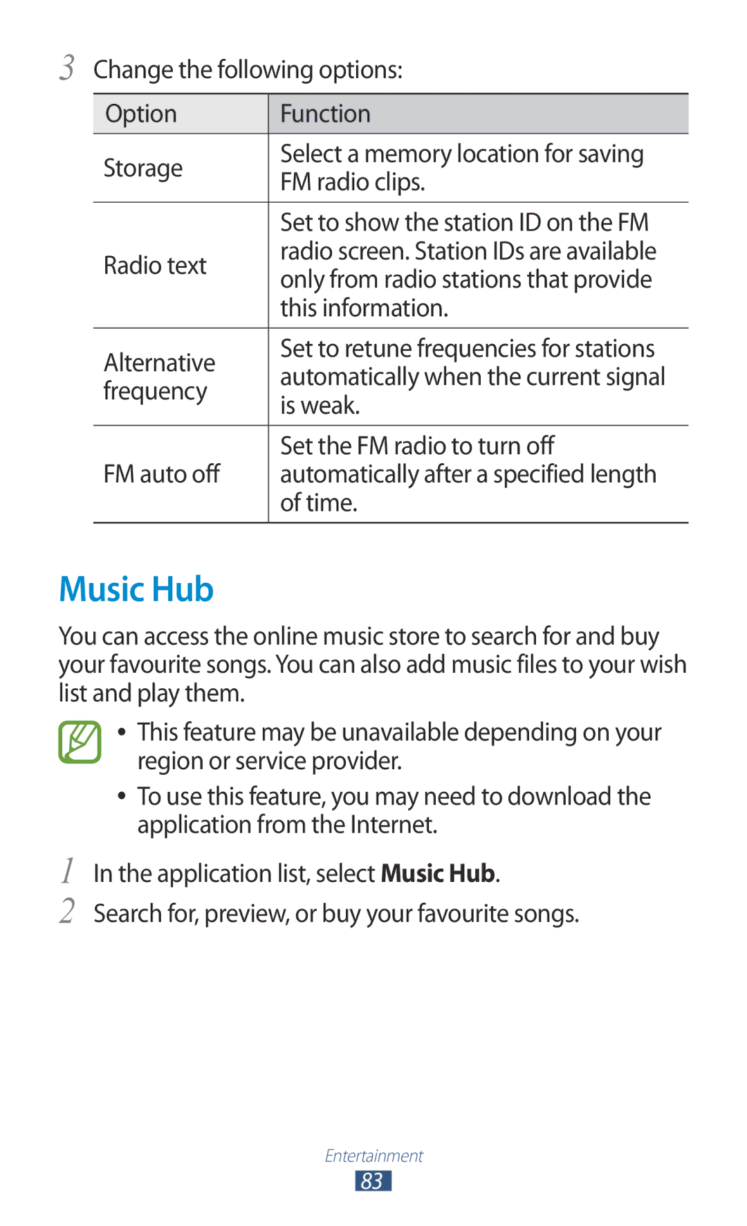 Samsung GT-I8160ZWPXEZ, GT-I8160ZWPDBT, GT-I8160OKPEPL, GT-I8160OKPDBT, GT-I8160OKPVIA, GT-I8160ZWPVIA manual Music Hub 