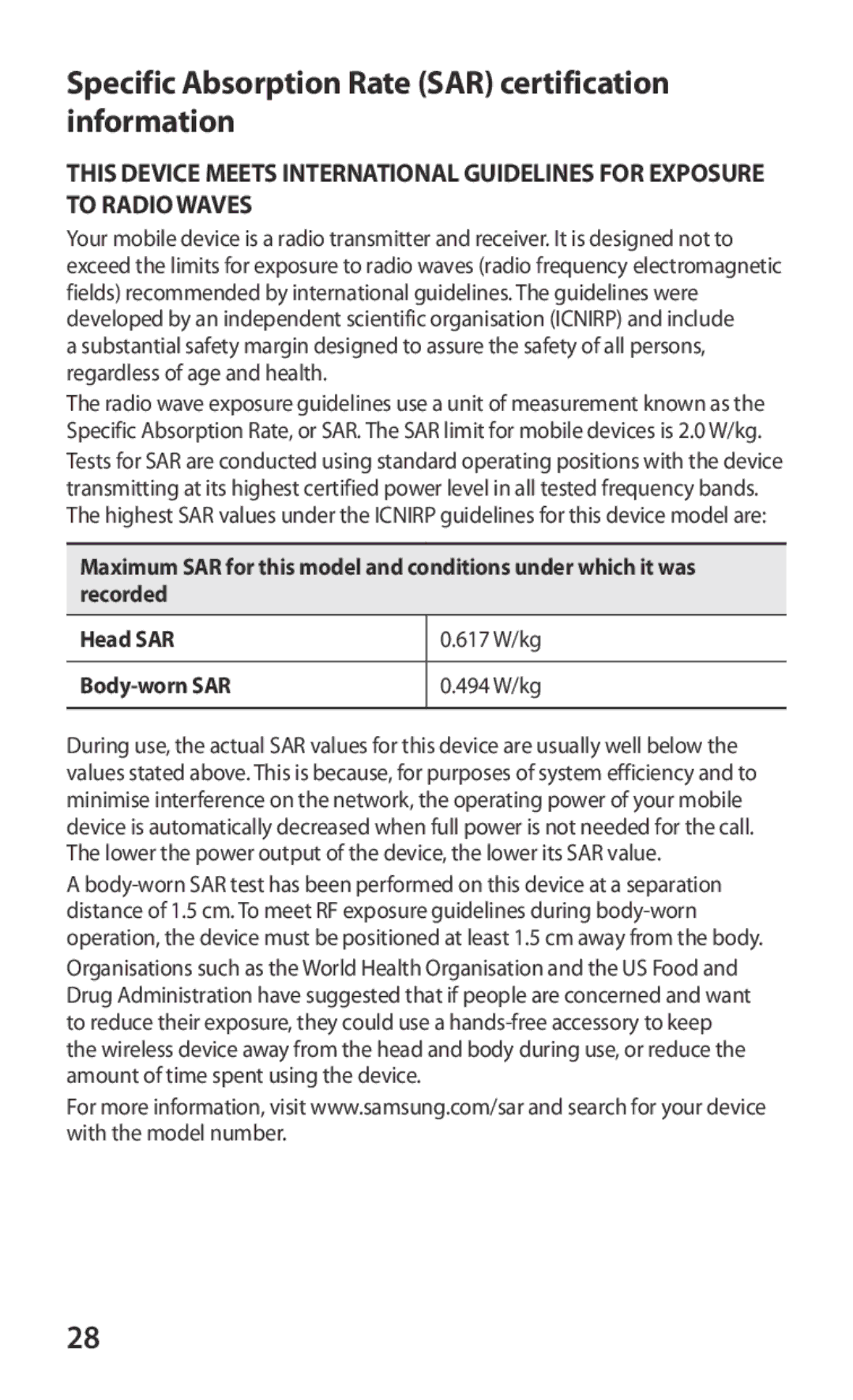 Samsung GT-I8160OKPXEZ, GT-I8160ZWPDBT, GT-I8160OKPEPL manual Specific Absorption Rate SAR certification information 