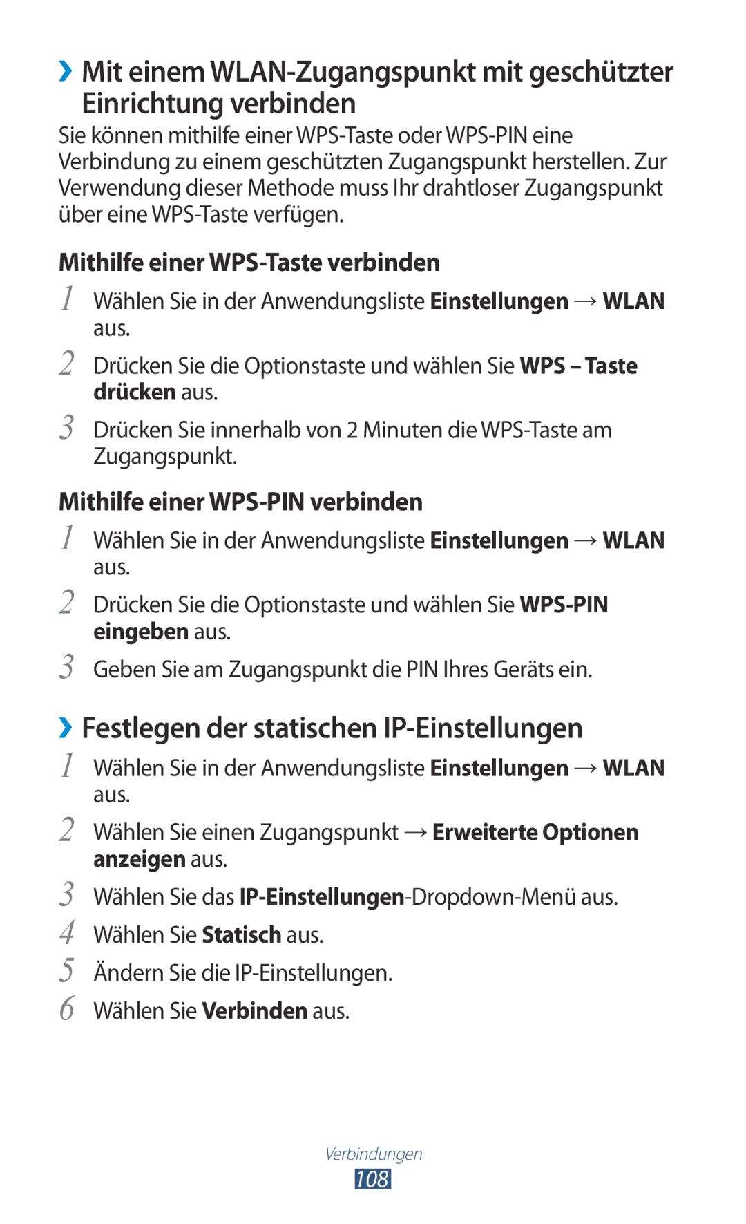 Samsung GT-I8160ZWPDBT, GT-I8160OKPEPL manual Einrichtung verbinden, ››Festlegen der statischen IP-Einstellungen, 108 