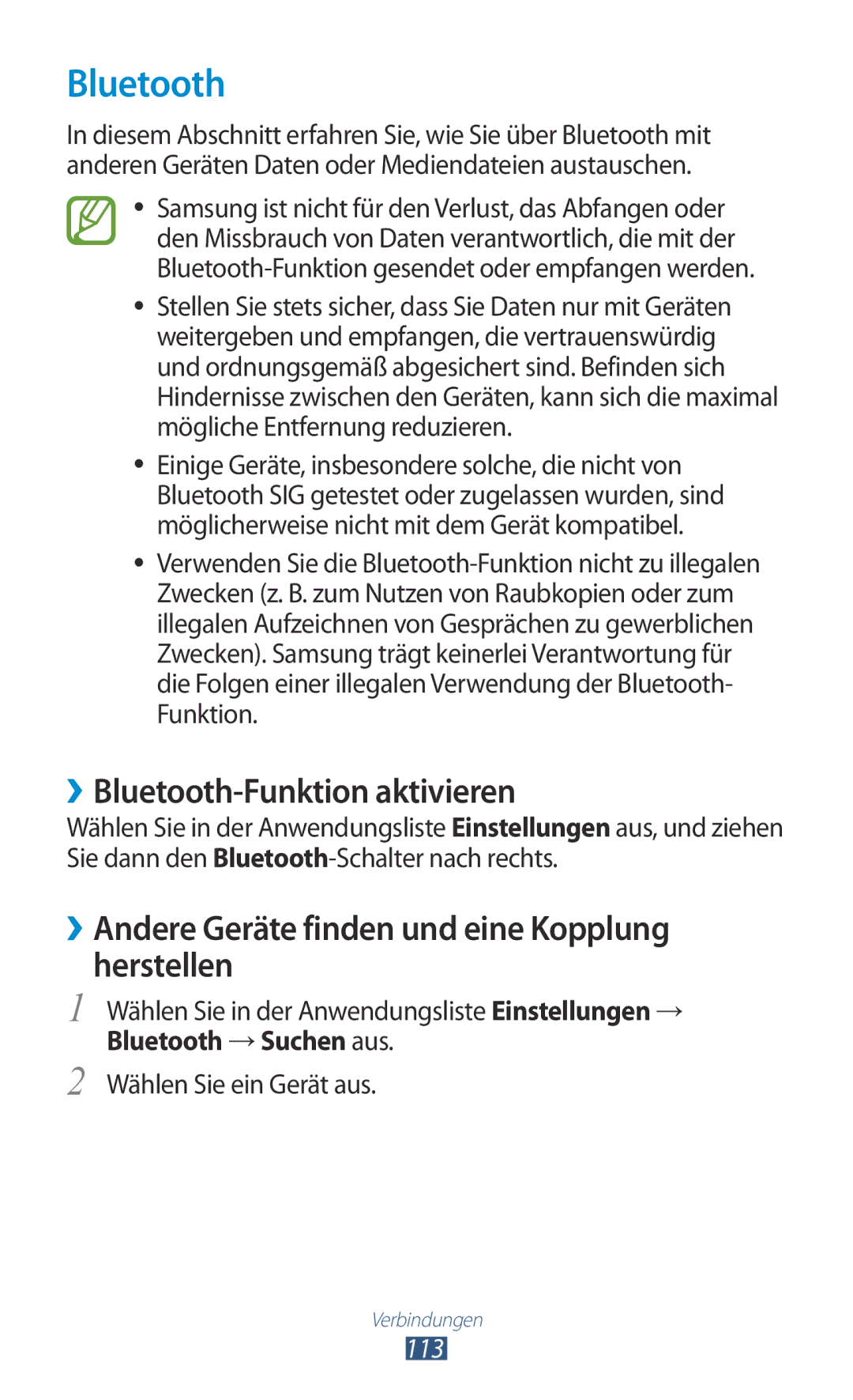 Samsung GT-I8160ZWPEPL manual ››Bluetooth-Funktion aktivieren, ››Andere Geräte finden und eine Kopplung herstellen, 113 