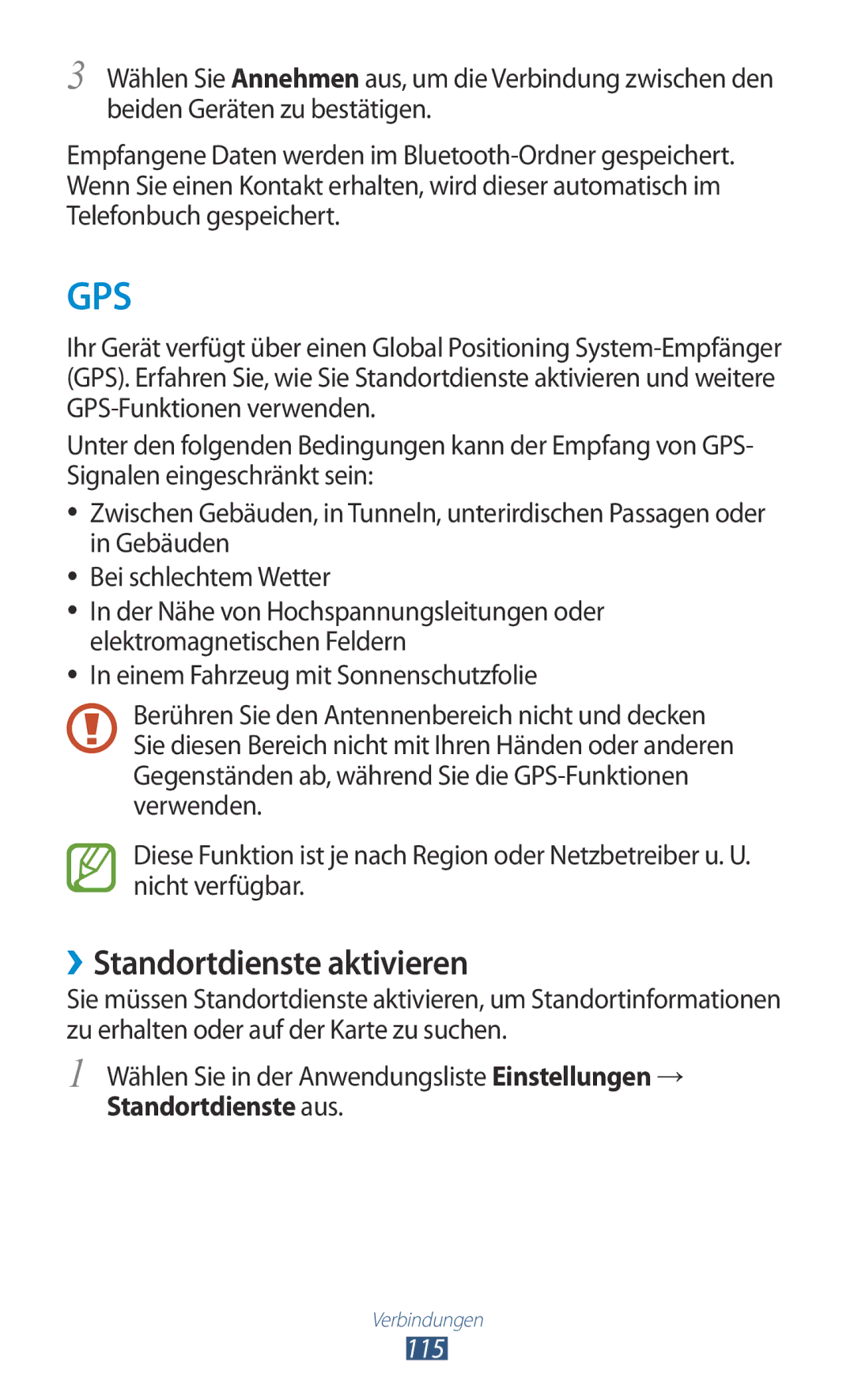 Samsung GT-I8160OKPEPL, GT-I8160ZWPDBT, GT-I8160OKPDBT, GT-I8160OKPVIA, GT-I8160ZWPVIA manual ››Standortdienste aktivieren, 115 