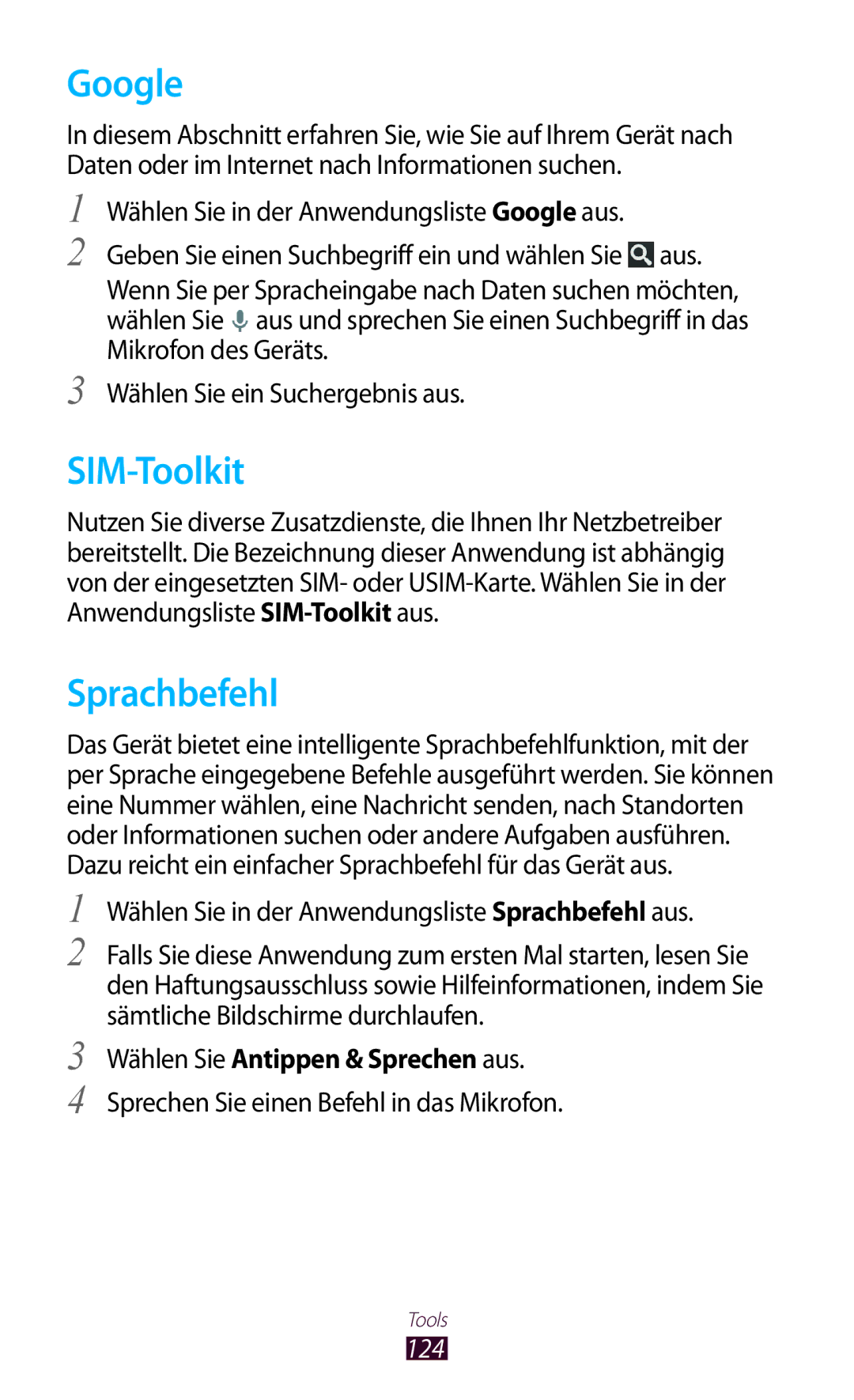 Samsung GT-I8160ZWPVIA, GT-I8160ZWPDBT manual Google, SIM-Toolkit, Sprachbefehl, Wählen Sie Antippen & Sprechen aus, 124 