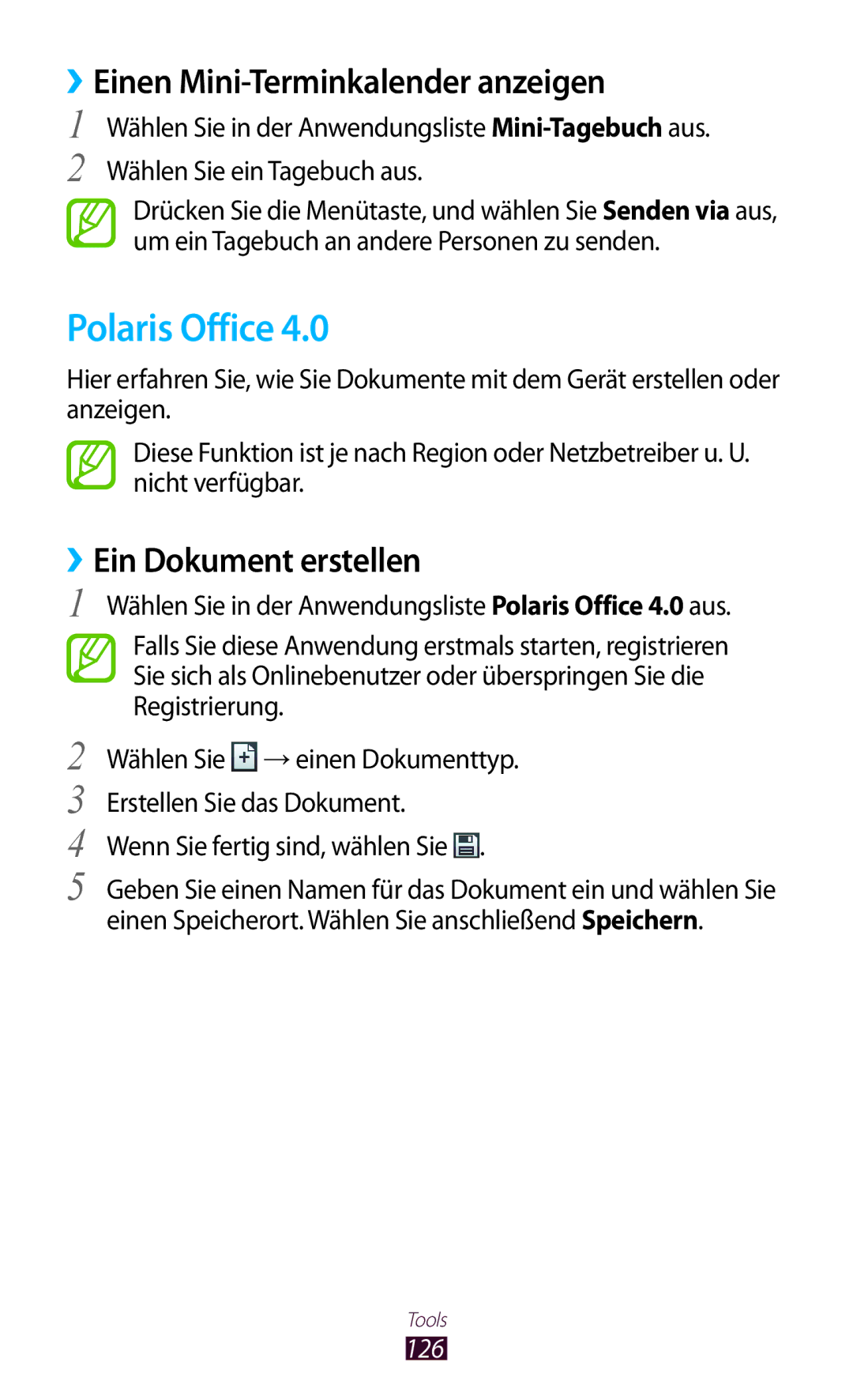 Samsung GT-I8160ZWPDBT, GT-I8160OKPEPL Polaris Office, ››Einen Mini-Terminkalender anzeigen, ››Ein Dokument erstellen, 126 