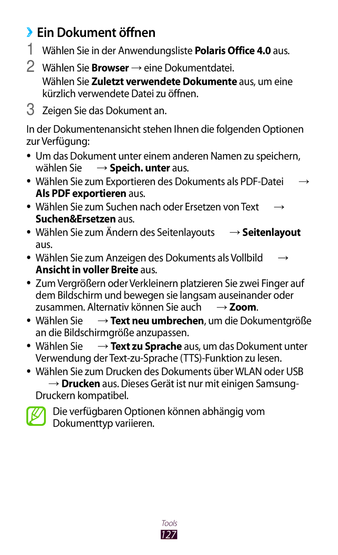 Samsung GT-I8160OKPEPL, GT-I8160ZWPDBT, GT-I8160OKPDBT, GT-I8160OKPVIA, GT-I8160ZWPVIA manual ››Ein Dokument öffnen, 127 