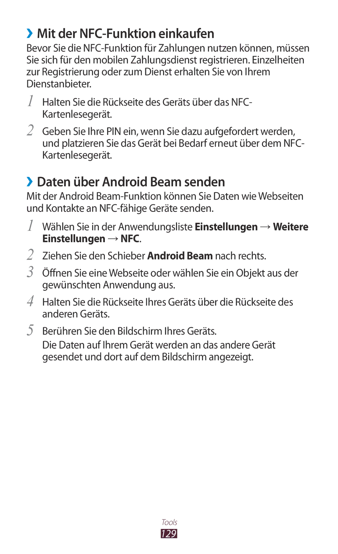 Samsung GT-I8160OKPVIA manual ››Mit der NFC-Funktion einkaufen, ››Daten über Android Beam senden, Einstellungen →NFC, 129 