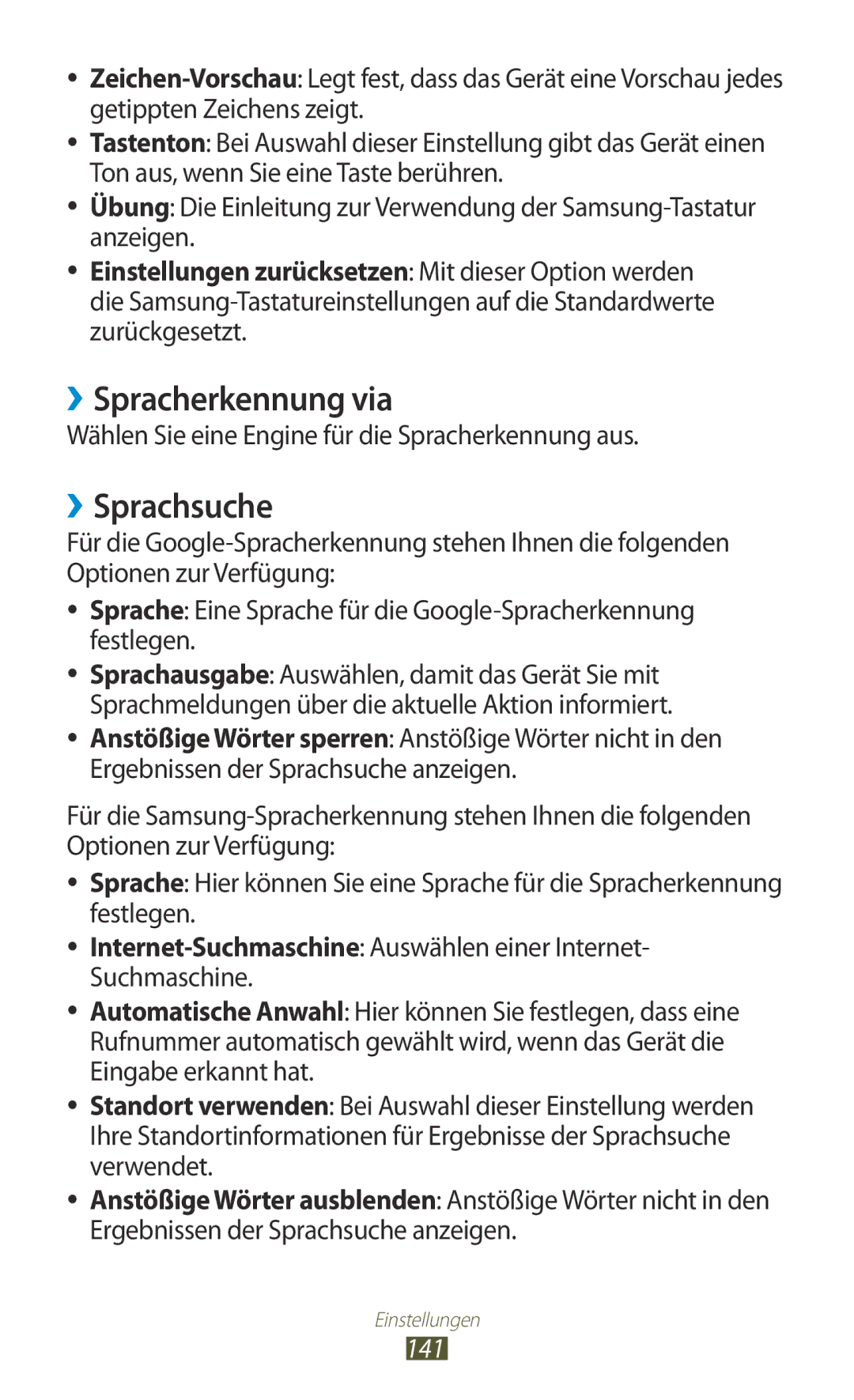 Samsung GT-I8160OKPVIA manual ››Spracherkennung via, ››Sprachsuche, Wählen Sie eine Engine für die Spracherkennung aus, 141 