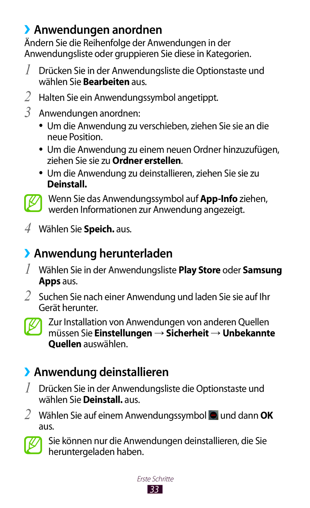 Samsung GT-I8160OKPVIA manual ››Anwendungen anordnen, ››Anwendung herunterladen, ››Anwendung deinstallieren, Deinstall 