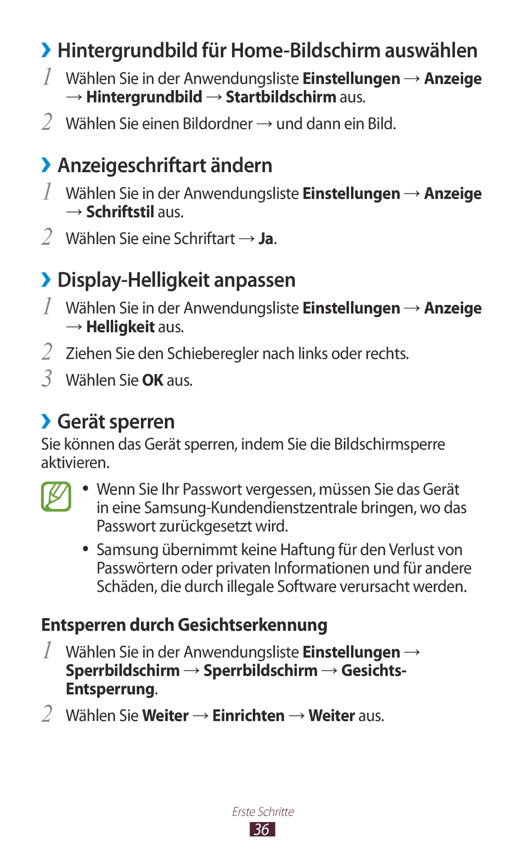 Samsung GT-I8160ZWPDBT manual ››Anzeigeschriftart ändern, ››Display-Helligkeit anpassen, ››Gerät sperren, → Schriftstil aus 