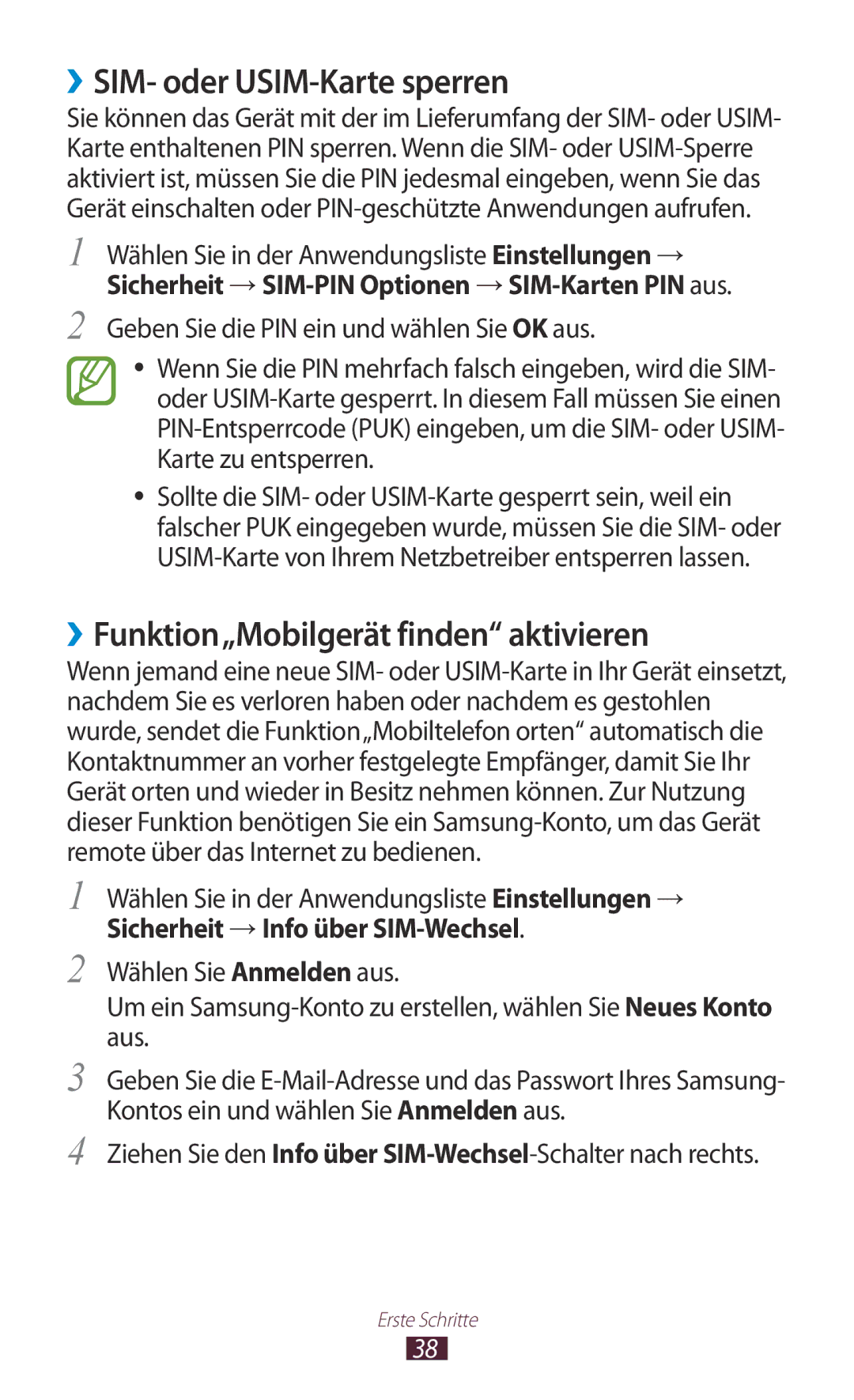 Samsung GT-I8160OKPDBT, GT-I8160ZWPDBT manual ››SIM- oder USIM-Karte sperren, ››Funktion„Mobilgerät finden aktivieren 