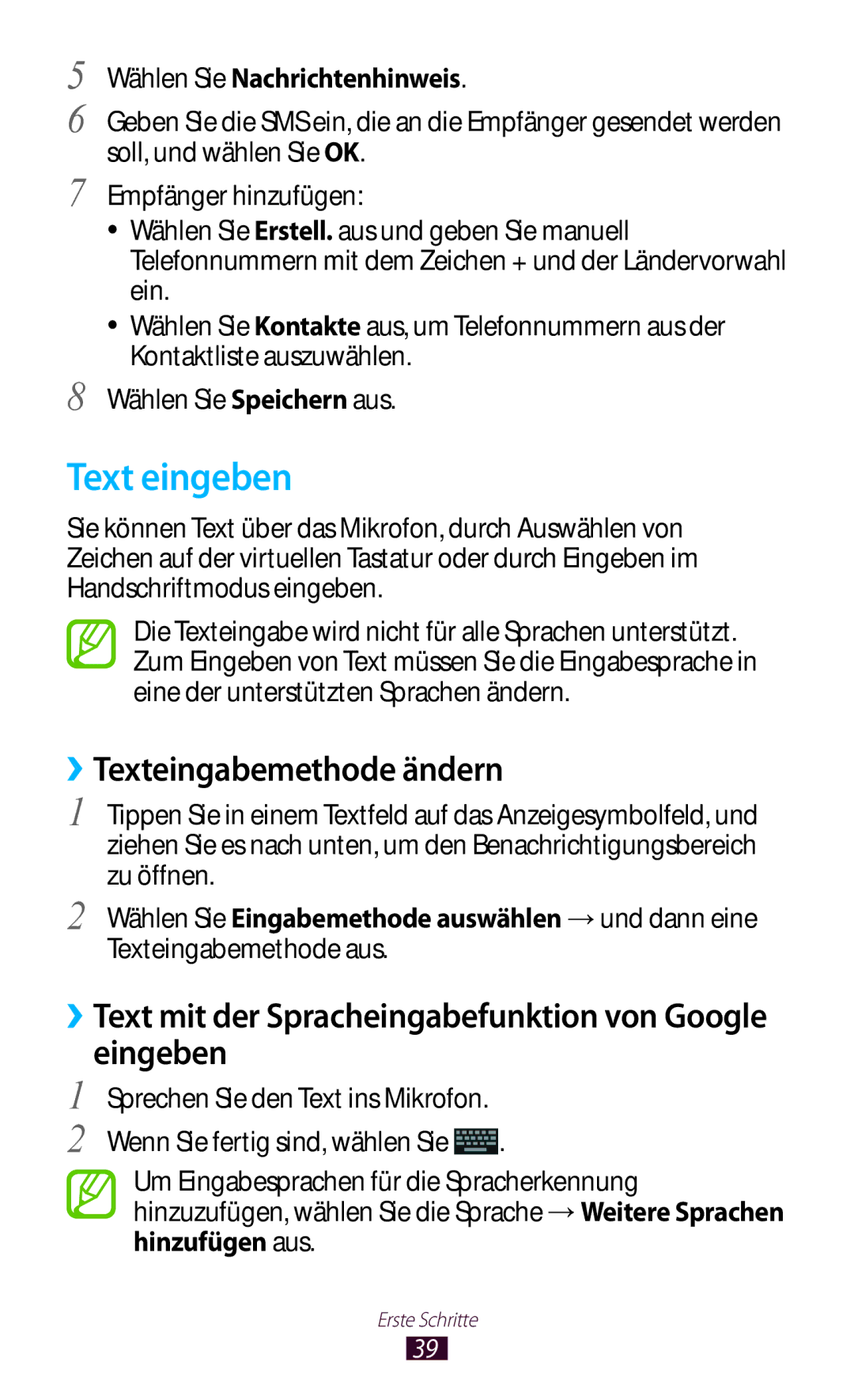 Samsung GT-I8160OKPVIA, GT-I8160ZWPDBT manual Text eingeben, ››Texteingabemethode ändern, Wählen Sie Nachrichtenhinweis 