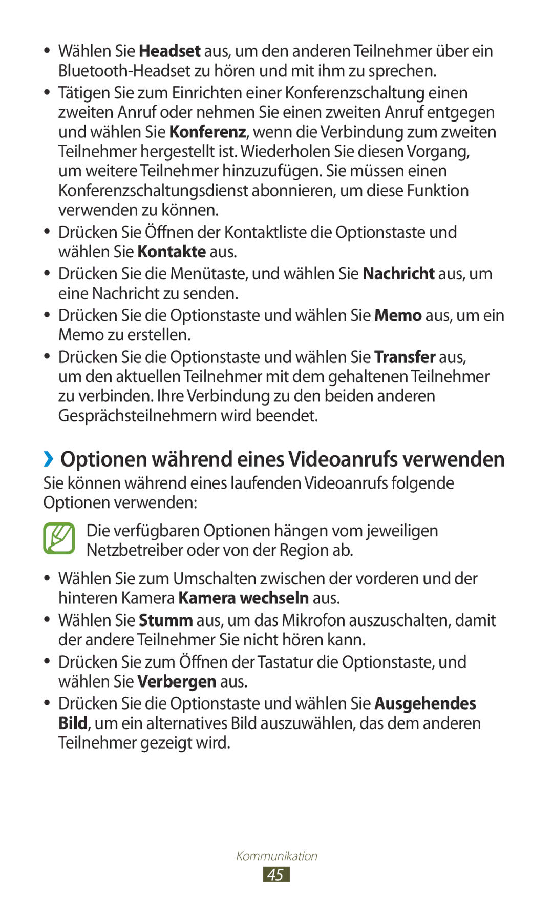 Samsung GT-I8160OKPVIA, GT-I8160ZWPDBT, GT-I8160OKPEPL, GT-I8160OKPDBT manual ››Optionen während eines Videoanrufs verwenden 