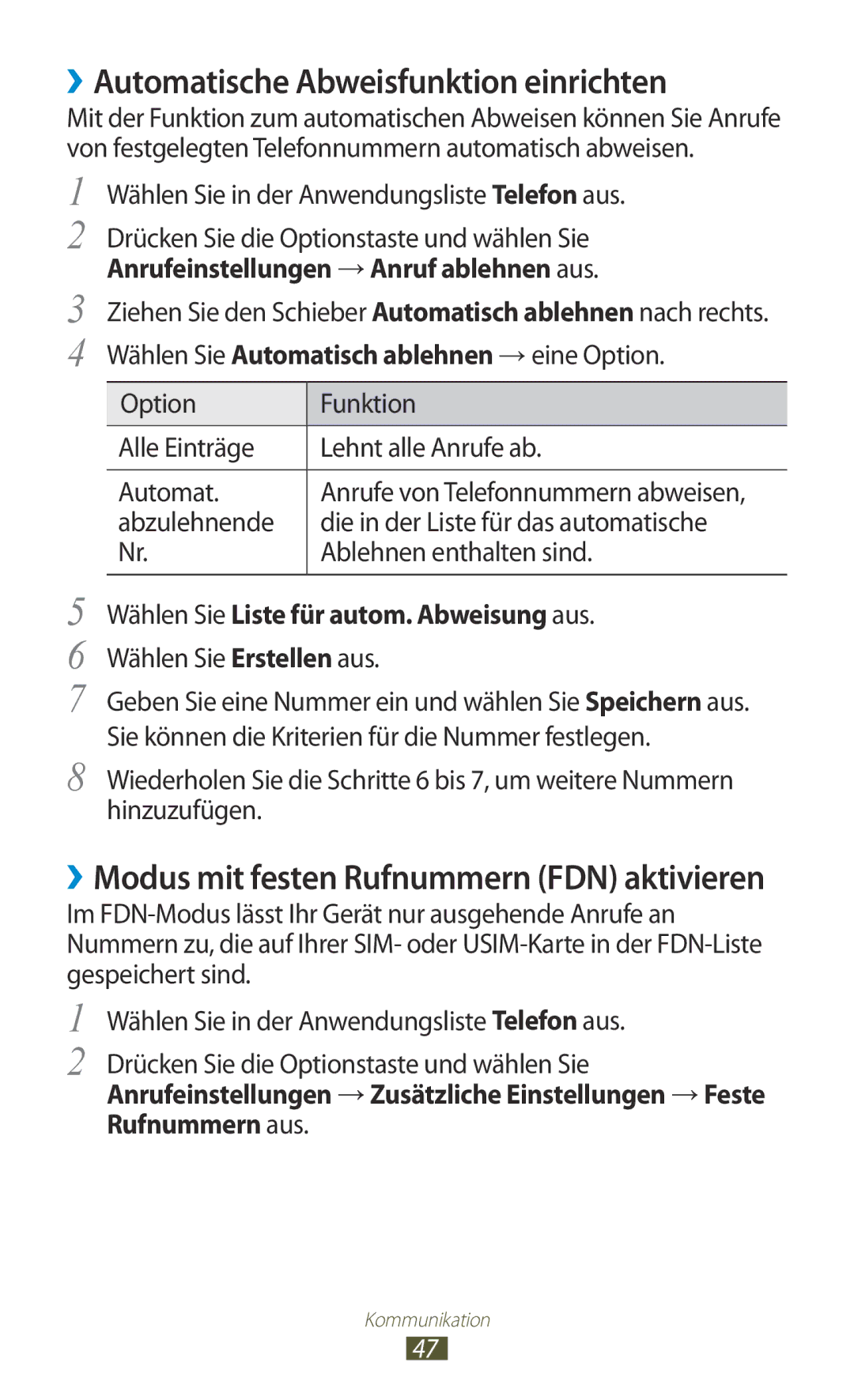 Samsung GT-I8160ZWPEPL manual ››Automatische Abweisfunktion einrichten, Wählen Sie in der Anwendungsliste Telefon aus 