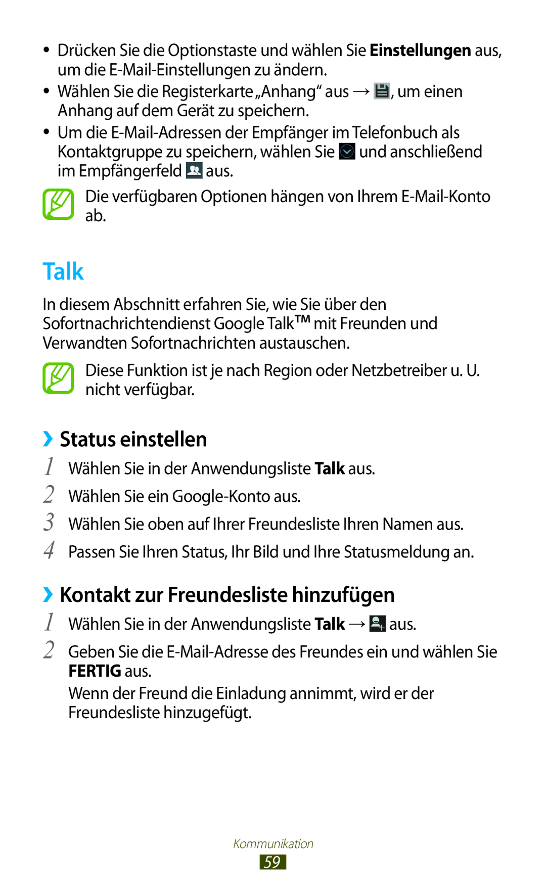 Samsung GT-I8160ZWPEPL, GT-I8160ZWPDBT, GT-I8160OKPEPL Talk, ››Status einstellen, ››Kontakt zur Freundesliste hinzufügen 