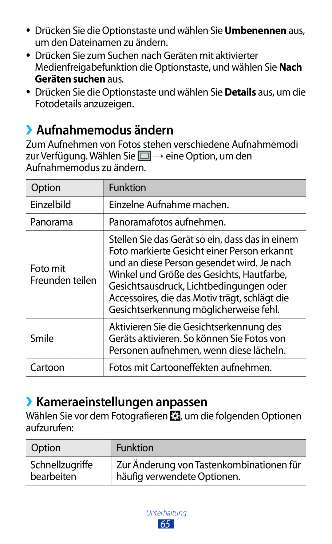 Samsung GT-I8160ZWPEPL, GT-I8160ZWPDBT, GT-I8160OKPEPL manual ››Aufnahmemodus ändern, ››Kameraeinstellungen anpassen 