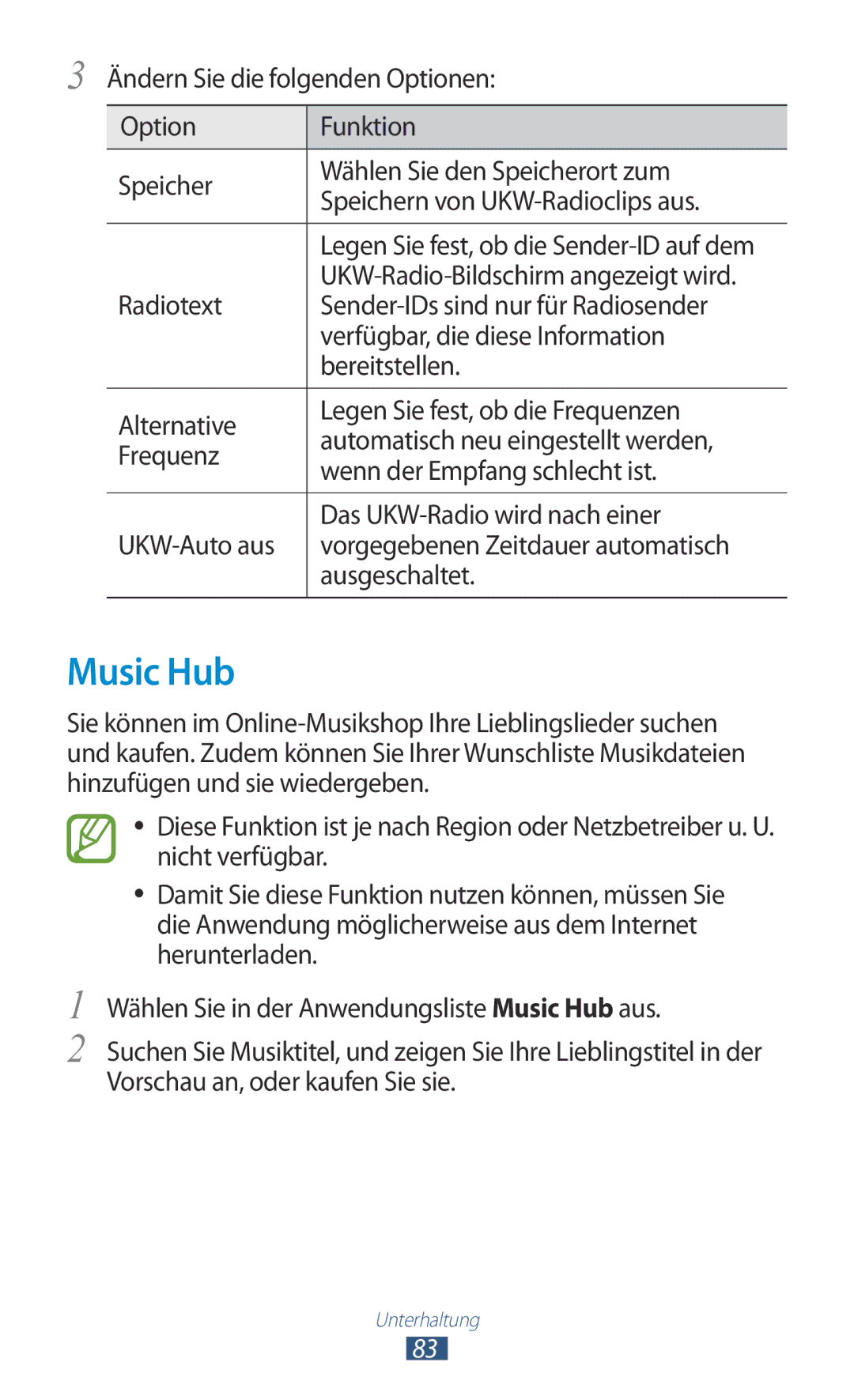 Samsung GT-I8160ZWPEPL manual Music Hub, Radiotext, Sender-IDs sind nur für Radiosender, Verfügbar, die diese Information 