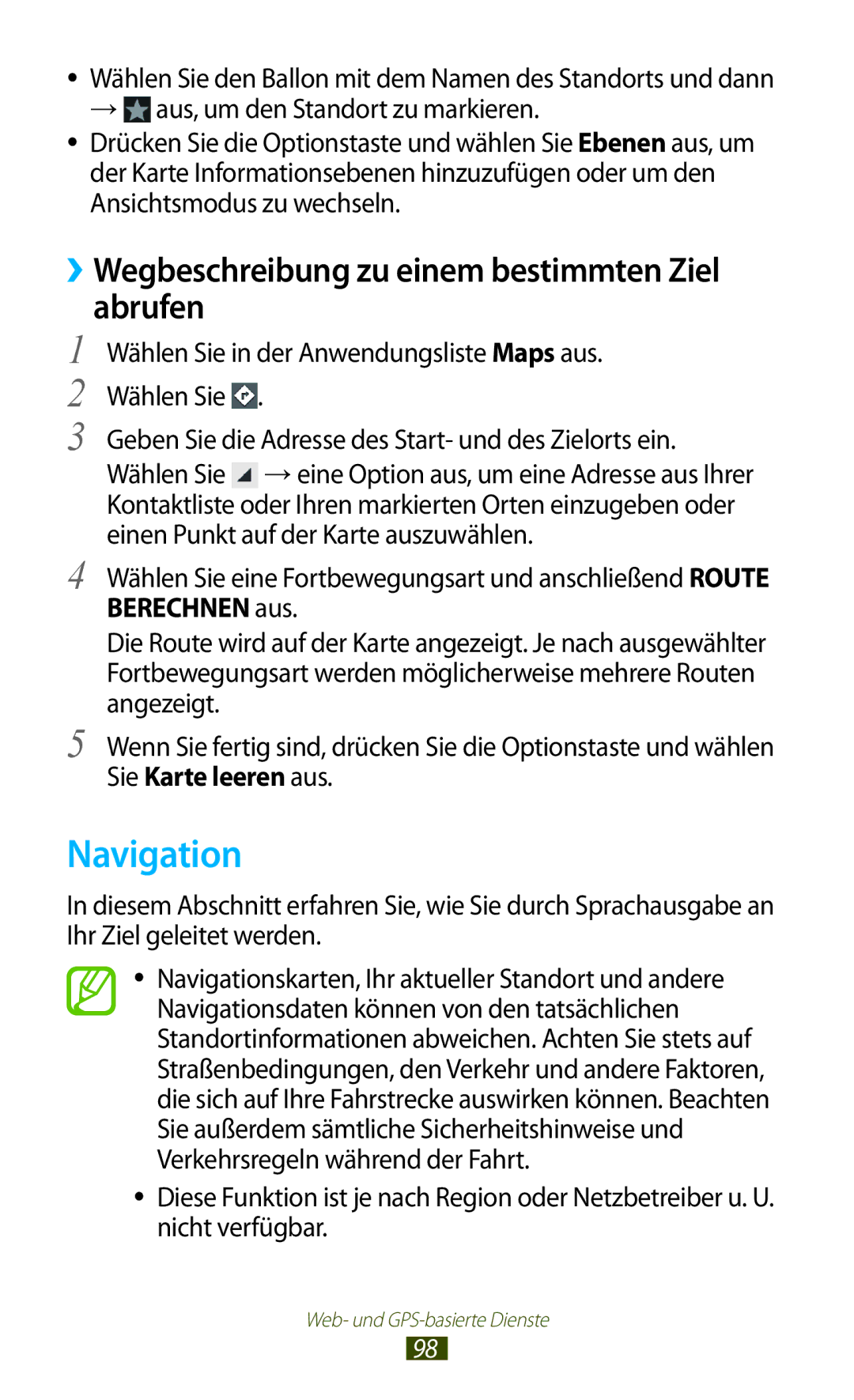 Samsung GT-I8160OKPDBT, GT-I8160ZWPDBT, GT-I8160OKPEPL manual Navigation, ››Wegbeschreibung zu einem bestimmten Ziel abrufen 