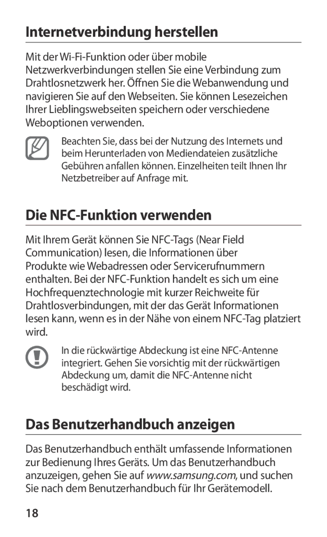 Samsung GT-I8160ZWPDBT manual Internetverbindung herstellen, Die NFC-Funktion verwenden, Das Benutzerhandbuch anzeigen 