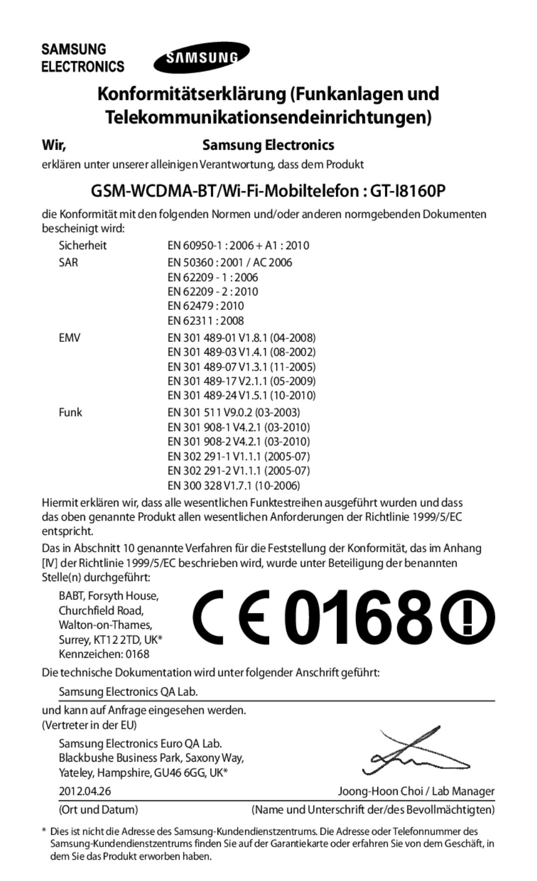 Samsung GT-I8160OKPVIA, GT-I8160ZWPDBT, GT-I8160OKPEPL, GT-I8160OKPDBT manual Konformitätserklärung Funkanlagen und, Wir 