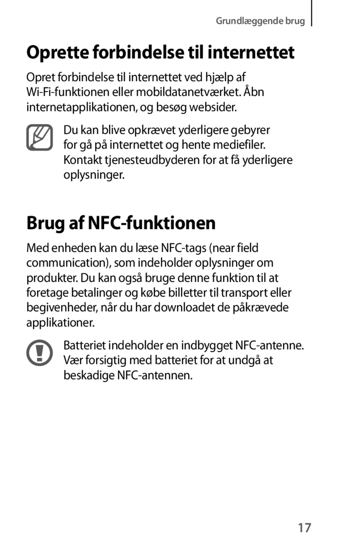 Samsung GT-I8190TANNEE, GT-I8190GRNNEE, GT-I8190MBNNEE manual Brug af NFC-funktionen, Oprette forbindelse til internettet 